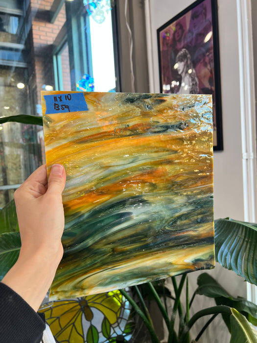 Green Orange and White Wispy Bullseye Sheet Glass Colorado Glass Works B59 (11x10in)