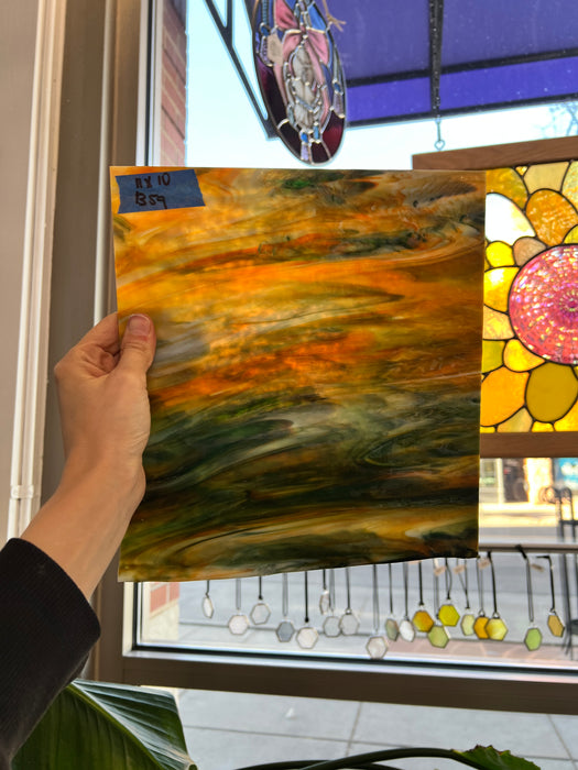 Green Orange and White Wispy Bullseye Sheet Glass Colorado Glass Works