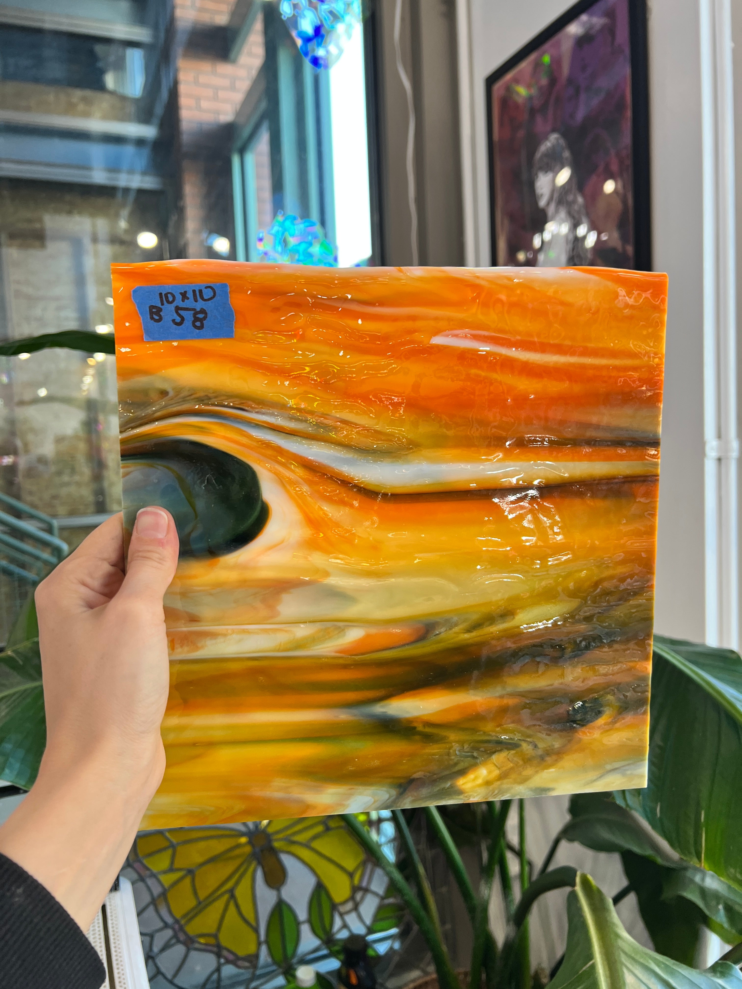 Green Orange and White Wispy Bullseye Sheet Glass Colorado Glass Works B58 (10x10in)