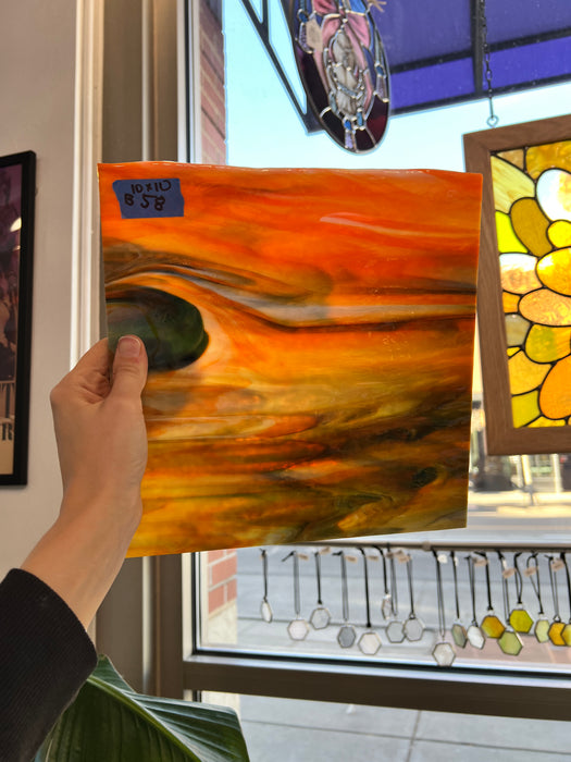 Green Orange and White Wispy Bullseye Sheet Glass Colorado Glass Works