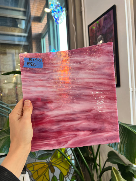 Pink White Wispy Vintage Bullseye Sheet Glass Colorado Glassworks 10x9.5in (BE-10332717)