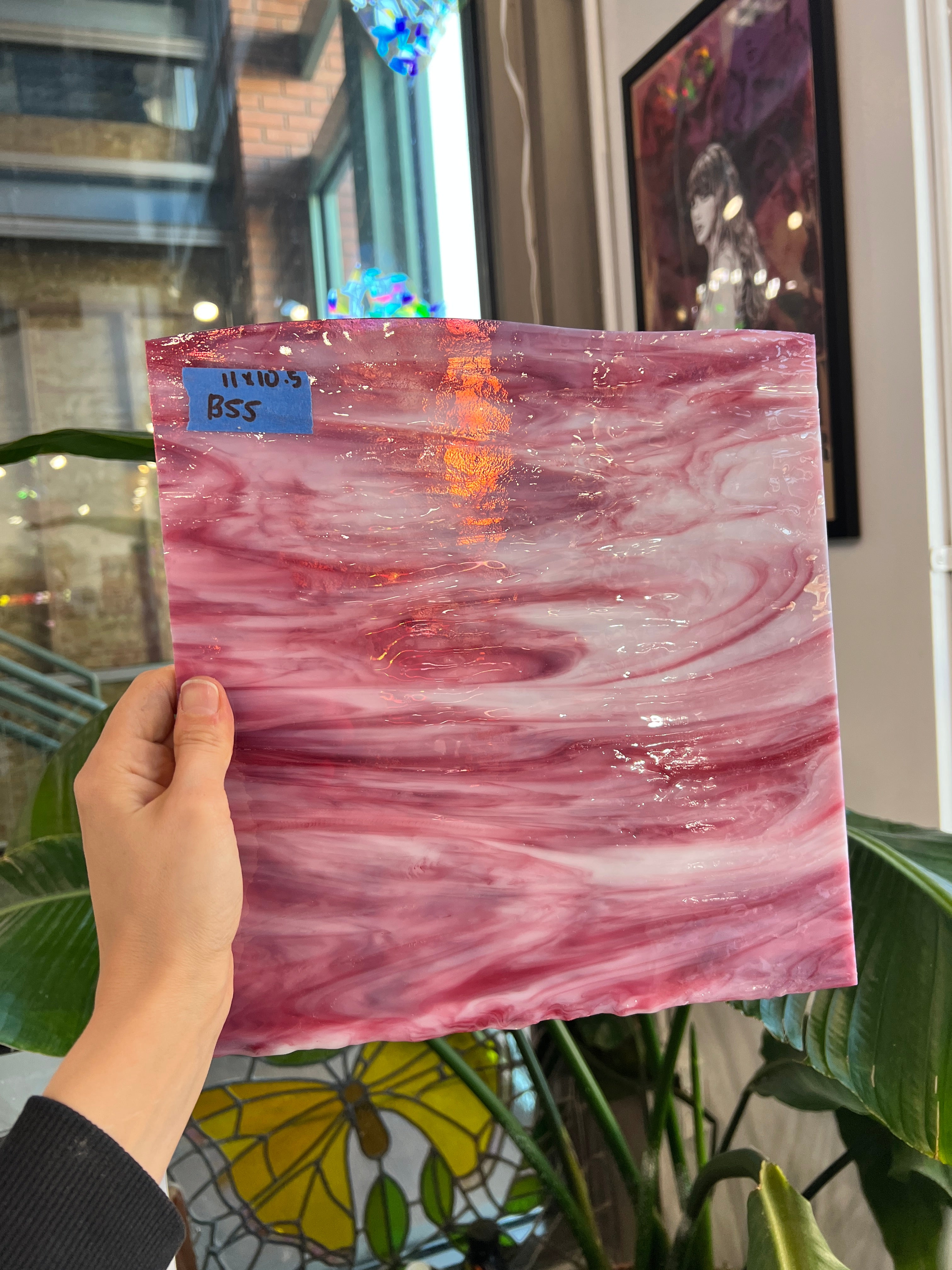 Pink White Wispy Vintage Bullseye Sheet Glass Colorado Glassworks 11x10.5in (BE-10365485)