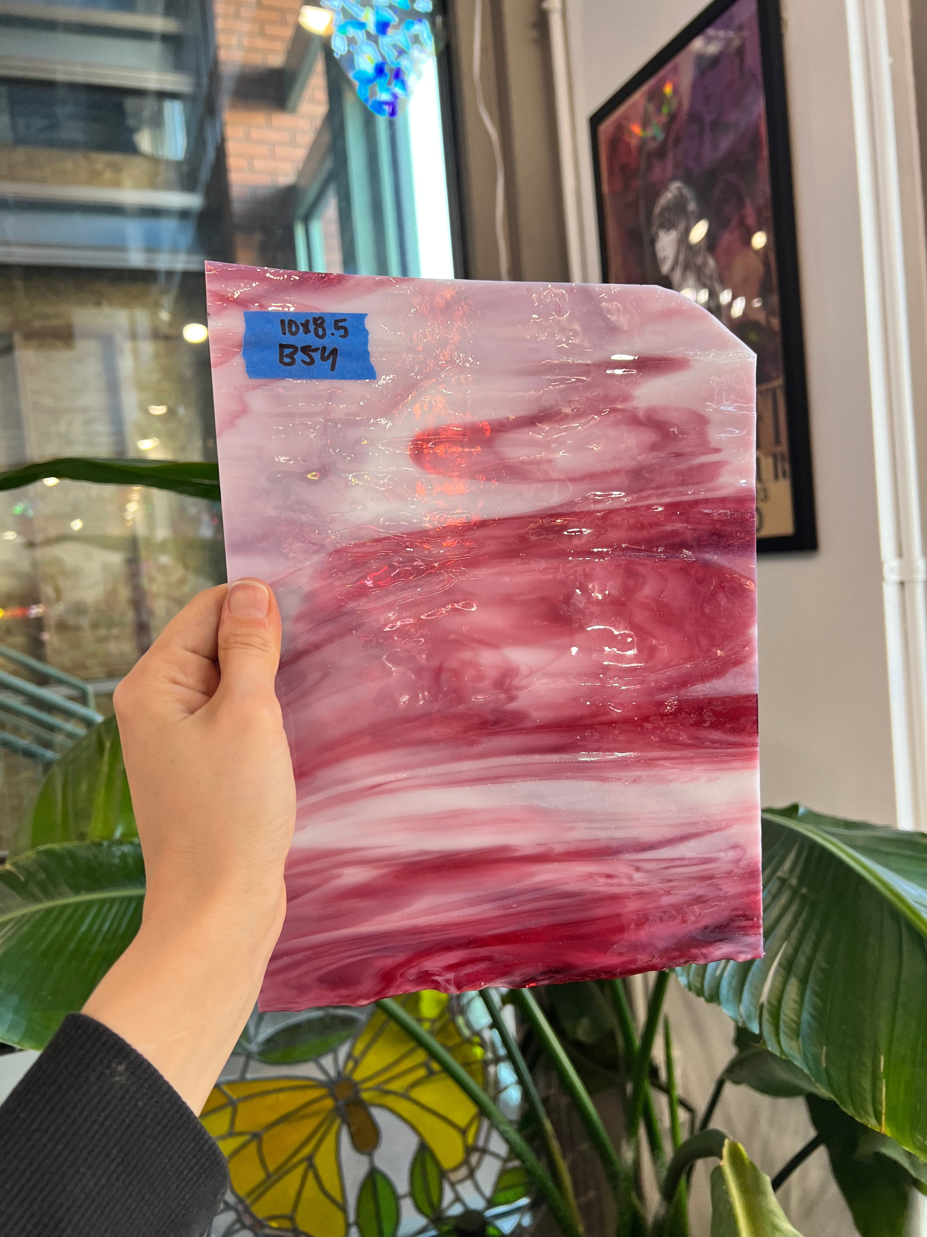 Pink White Wispy Vintage Bullseye Sheet Glass Colorado Glassworks 10x8.5in (BE-10398253)