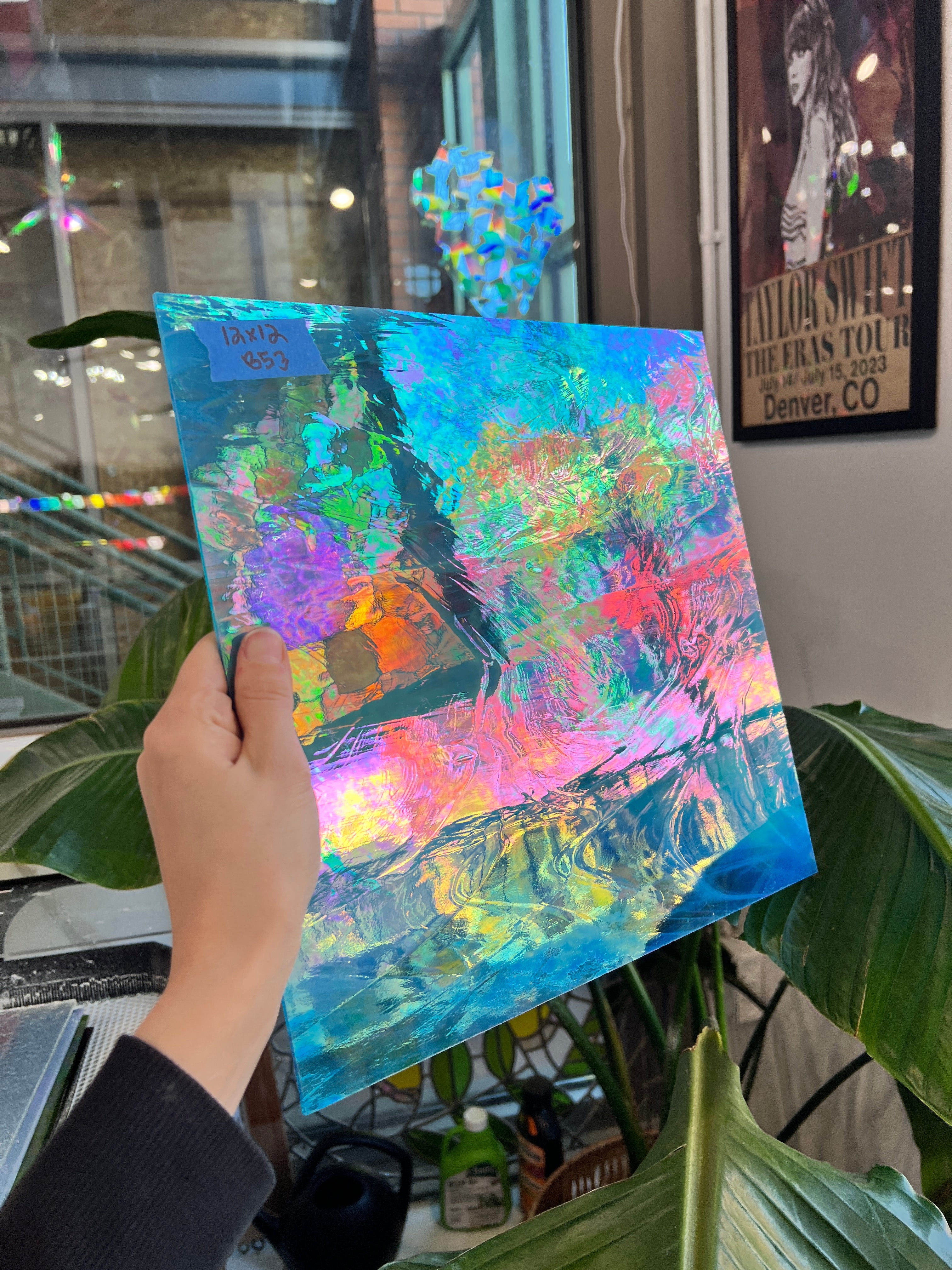 Blue Wispy Iridescent Vintage Spectrum Sheet Glass Colorado Glass Works 12x12in (SP-72735021)