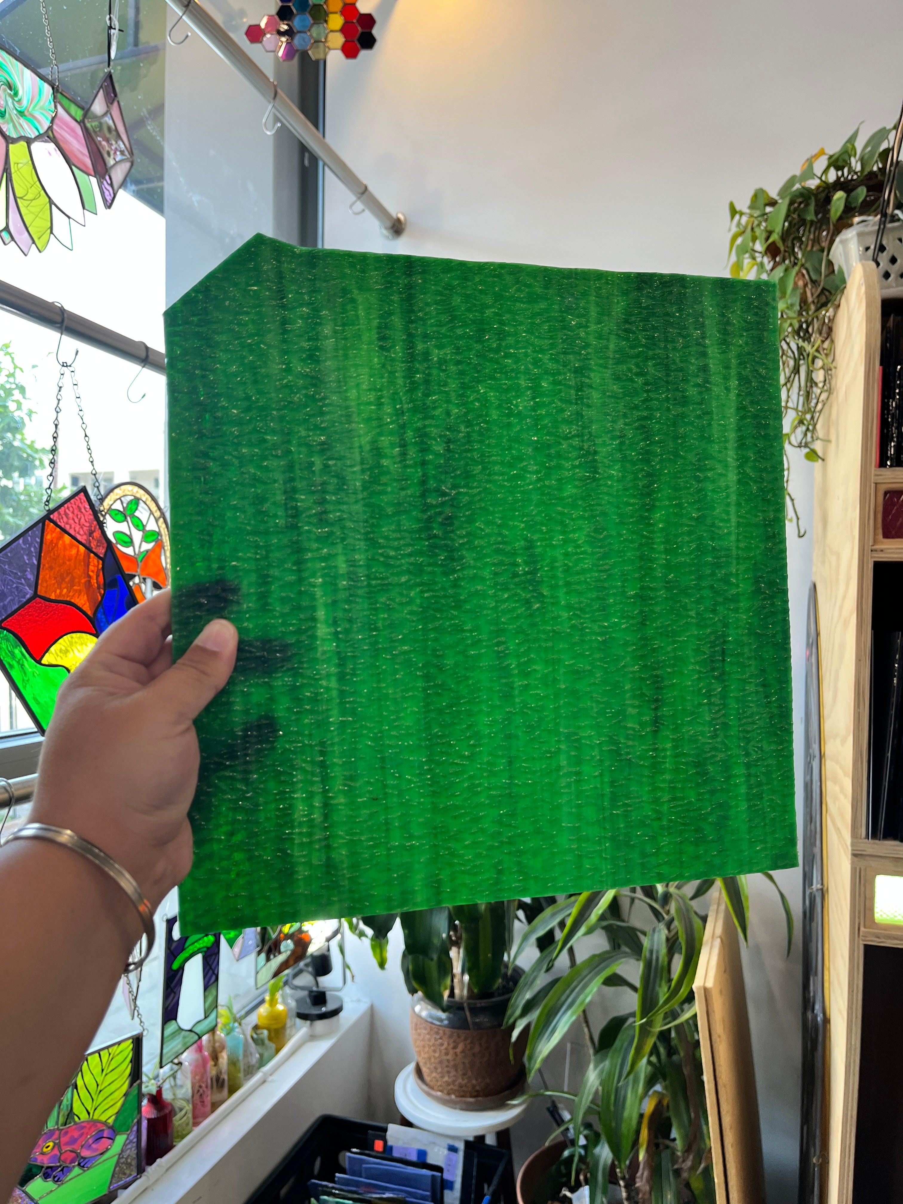 White and Green Opaque Wisps Kokomo (S) Sheet Glass Colorado Glass Works B