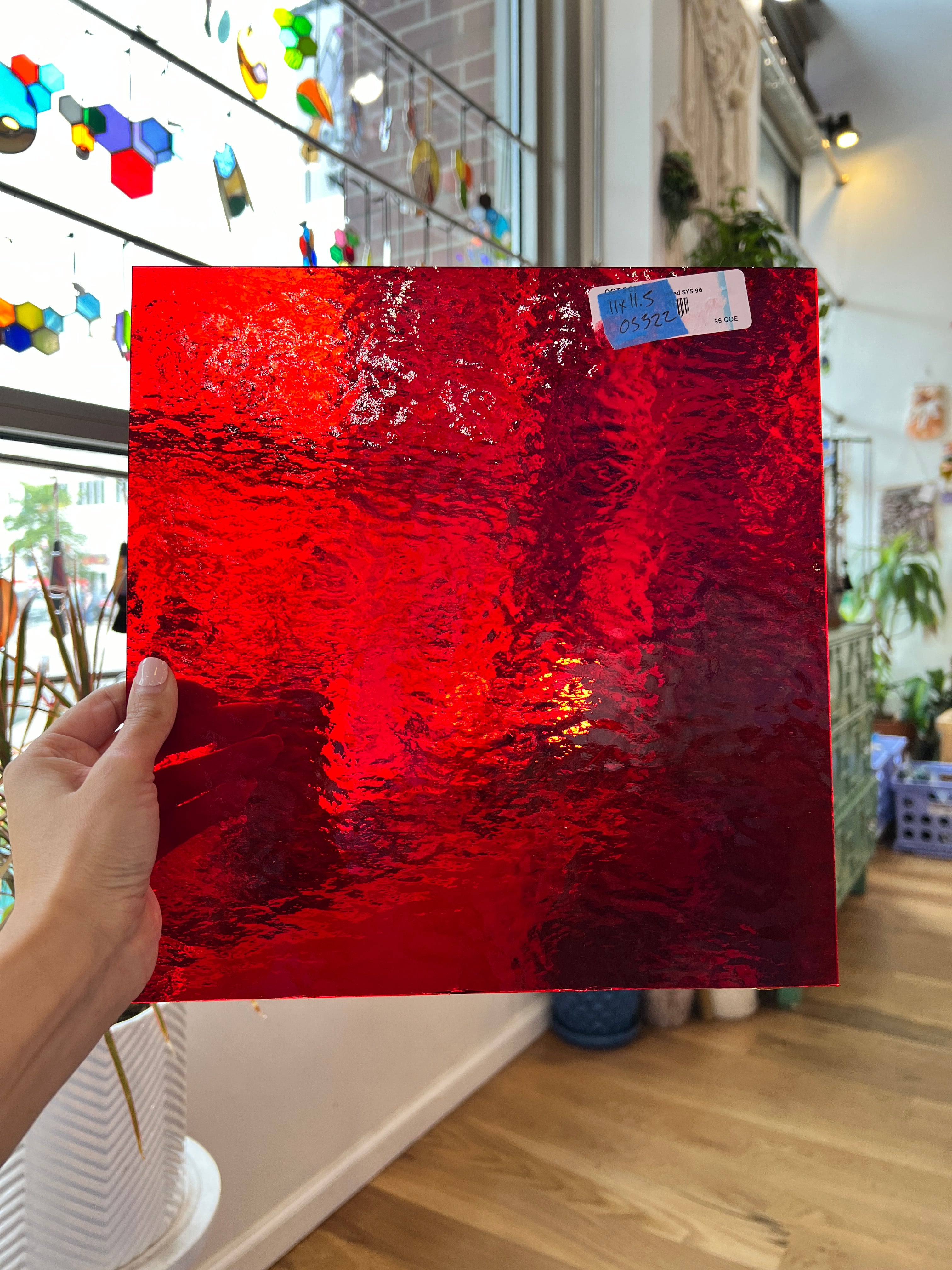 Transparent Ruby Red Roughrolled Oceanside Fusible 96 COE Sheet Glass Colorado Glassworks OS322 (11x11.5in)  