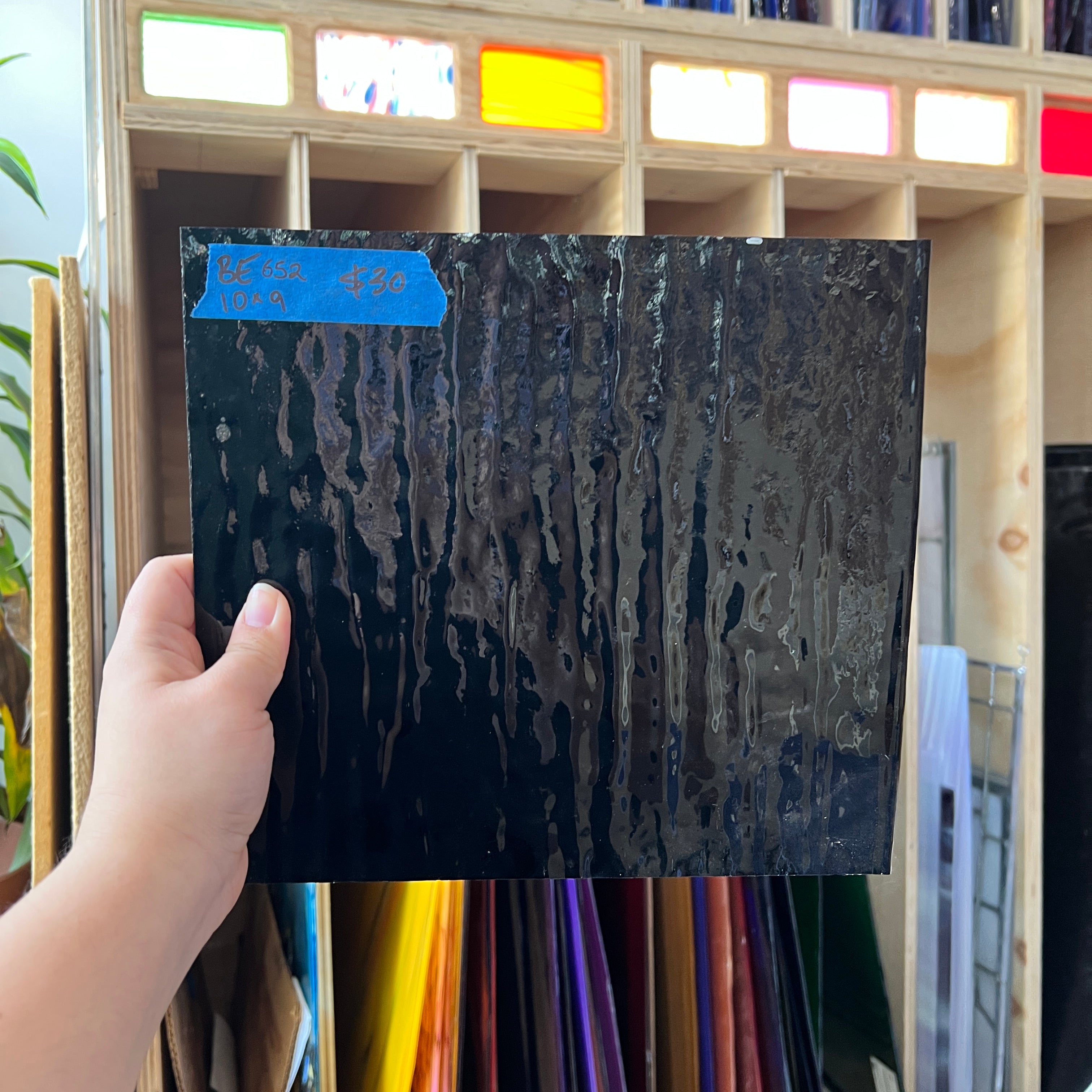 Vintage Opaque Black Bullseye Sheet Glass Colorado Glass Works BE652 (10x9in)
