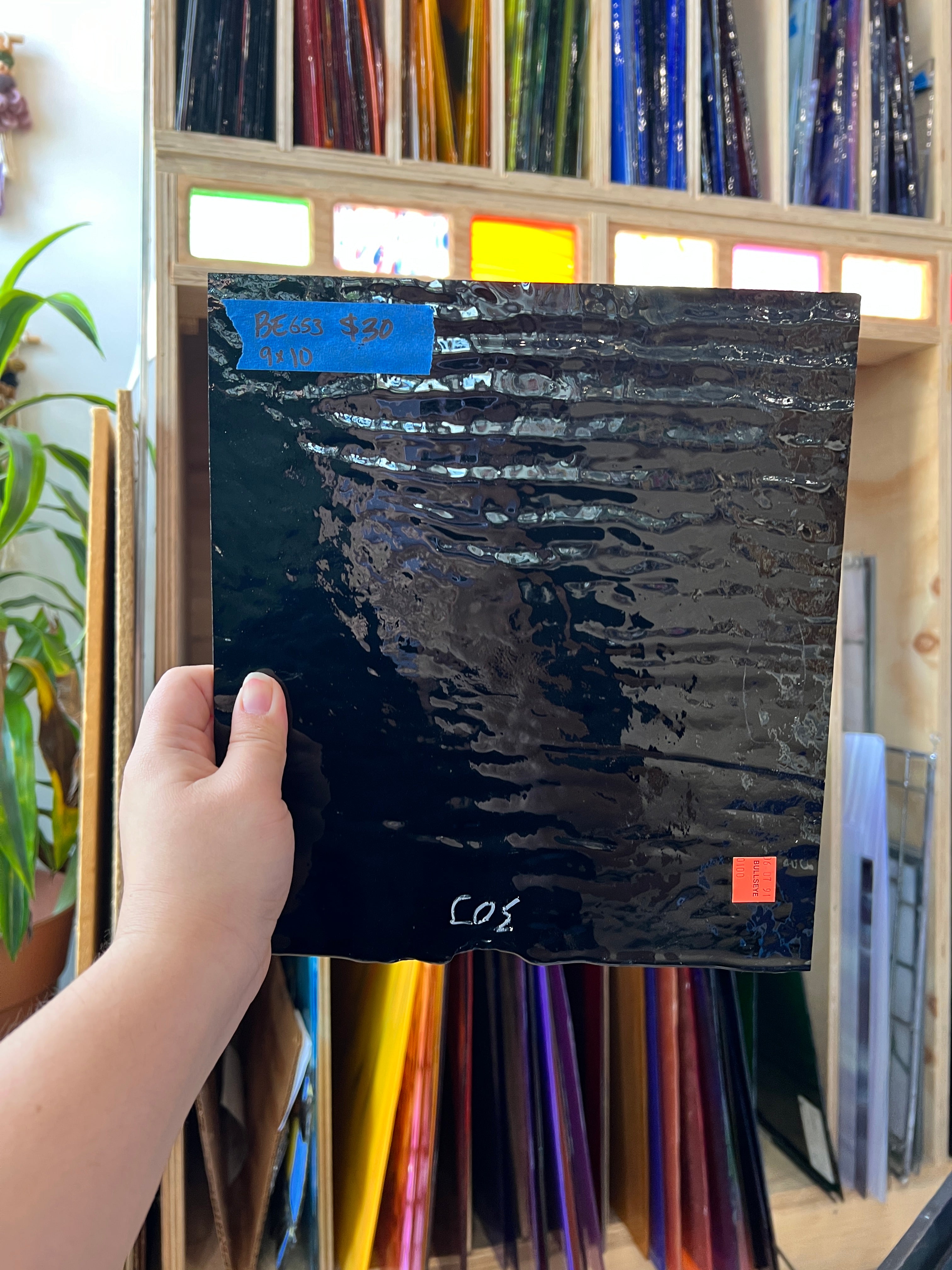Vintage Opaque Black Bullseye Sheet Glass Colorado Glass Works BE653 (9x10in)