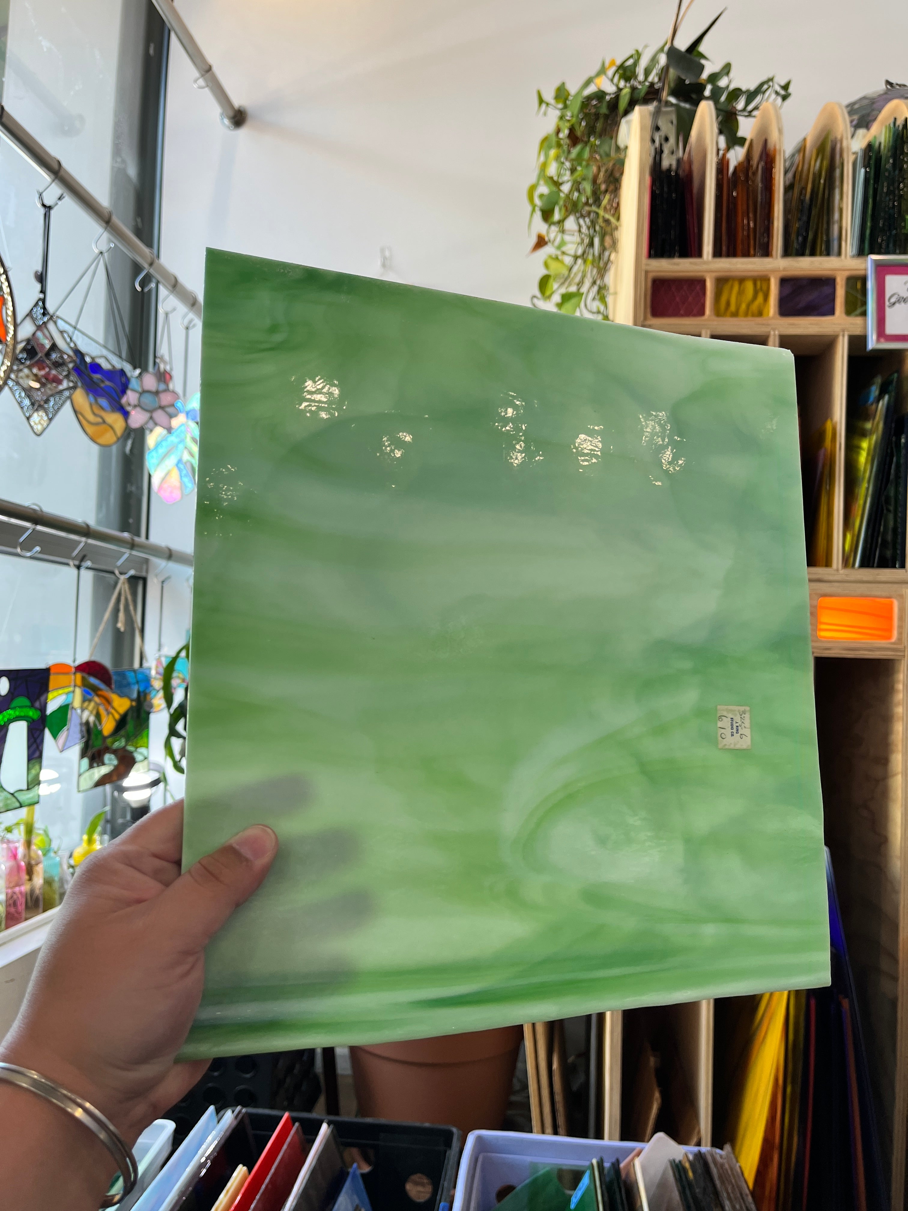 White and Green Opaque Wisps Kokomo (S) Sheet Glass Colorado Glass Works C
