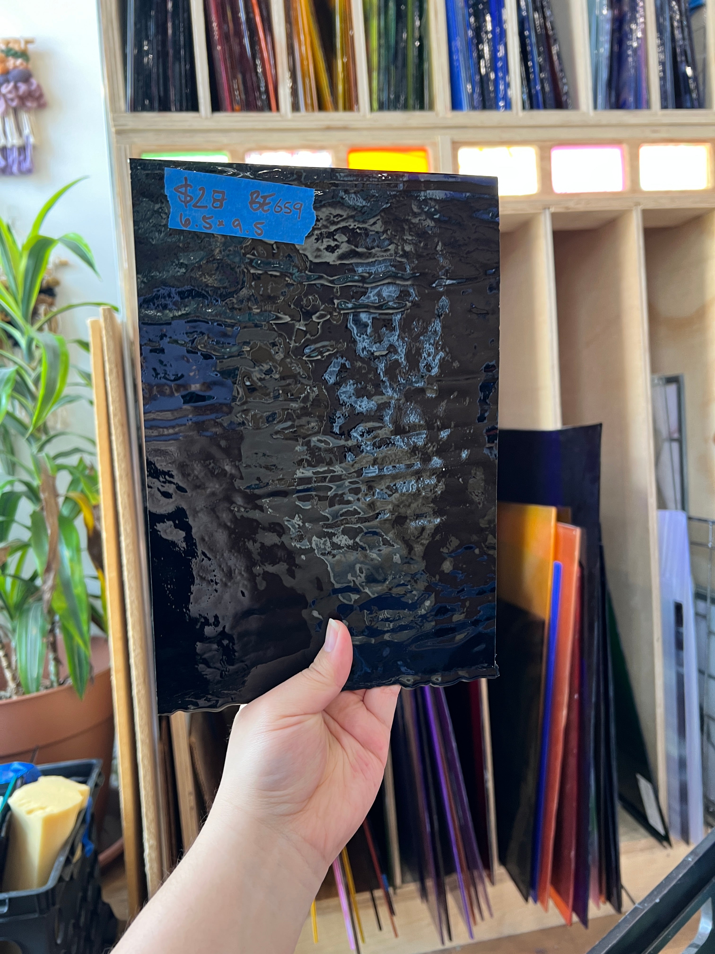 Vintage Opaque Black Bullseye Sheet Glass Colorado Glass Works BE659 (6.5x9.5in)