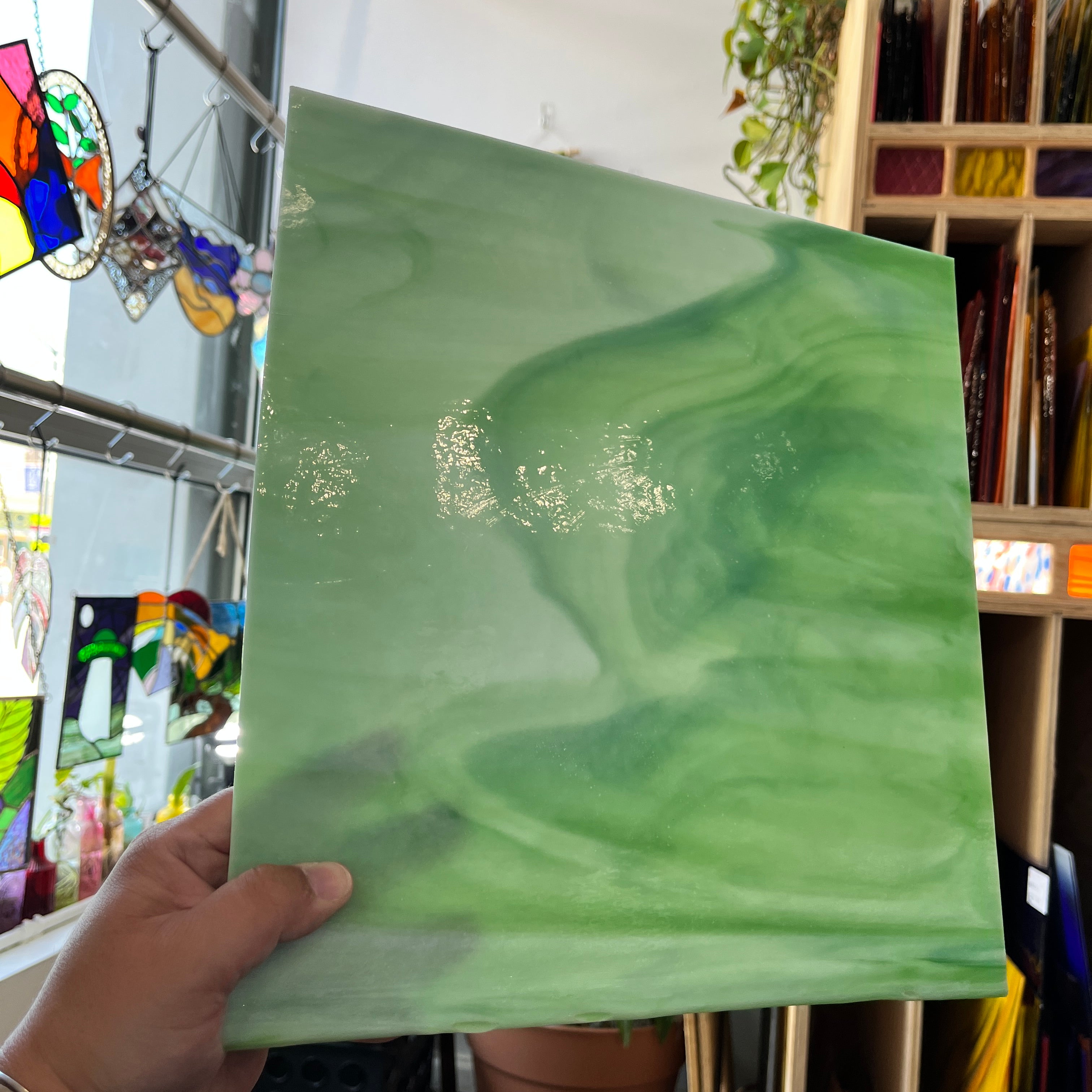 White and Green Opaque Wisps Kokomo (S) Sheet Glass Colorado Glass Works A