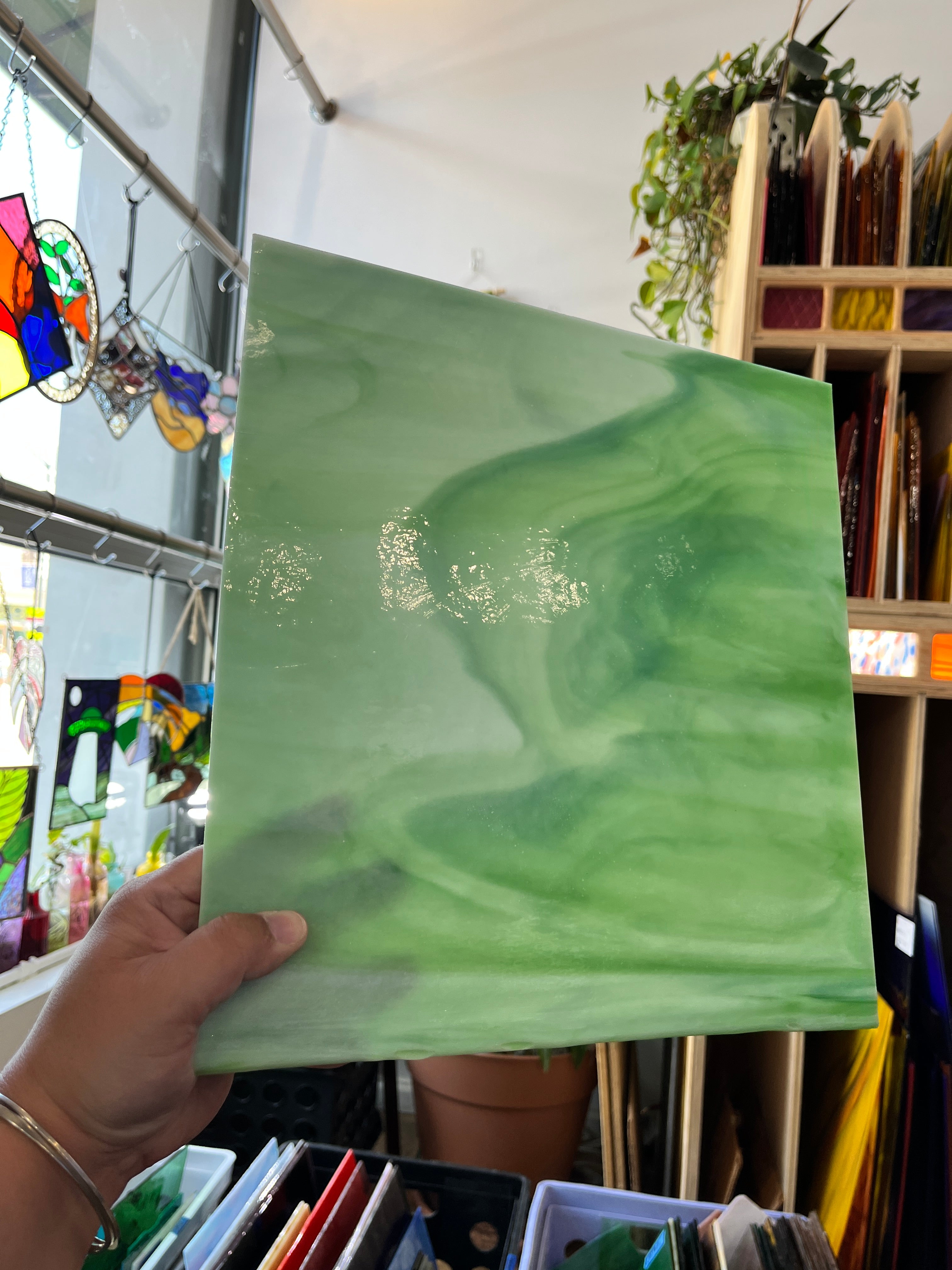 White and Green Opaque Wisps Kokomo (S) Sheet Glass Colorado Glass Works A