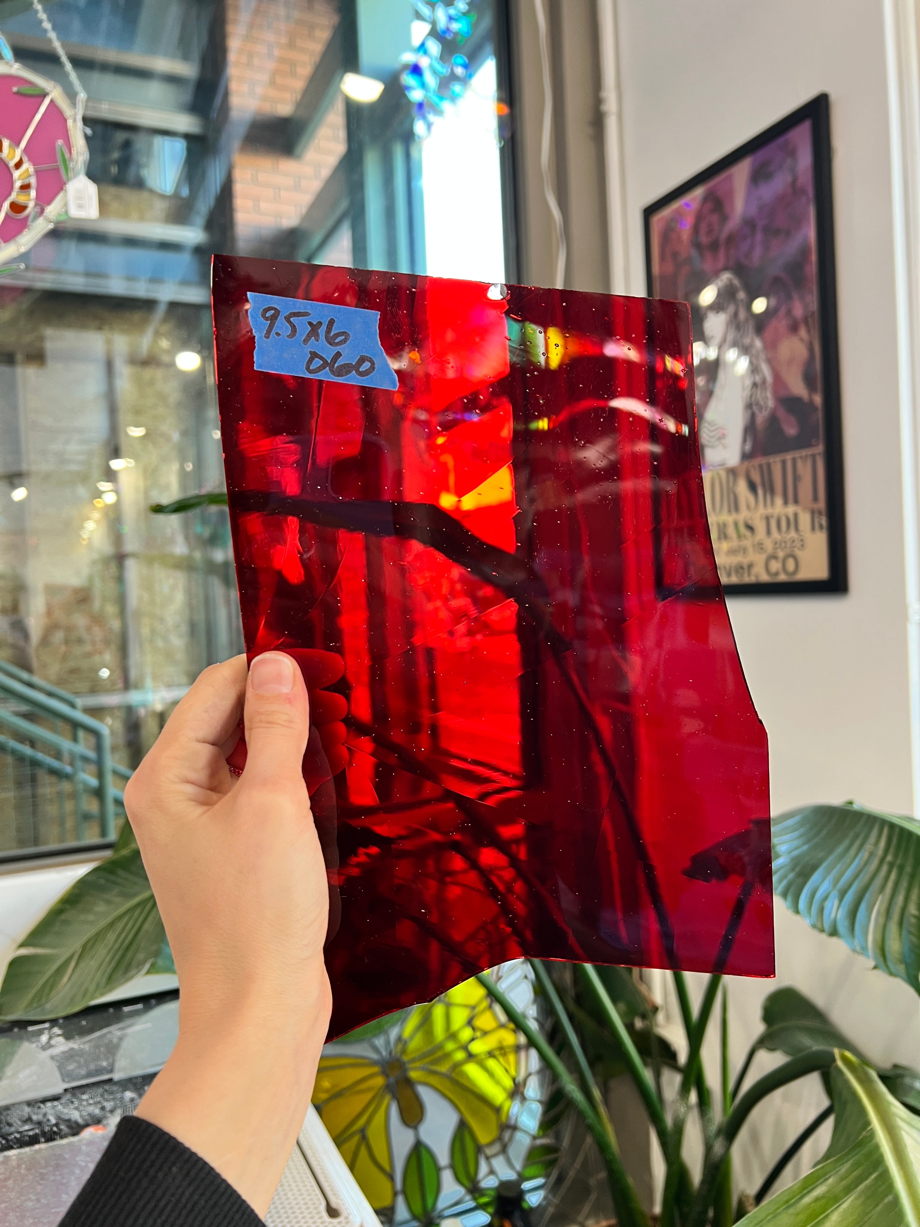 Red Mouth Blown Glass on Clear Flash Fremont Sheet Glass Colorado Glass Works 9.5x6in (FR-45172013)