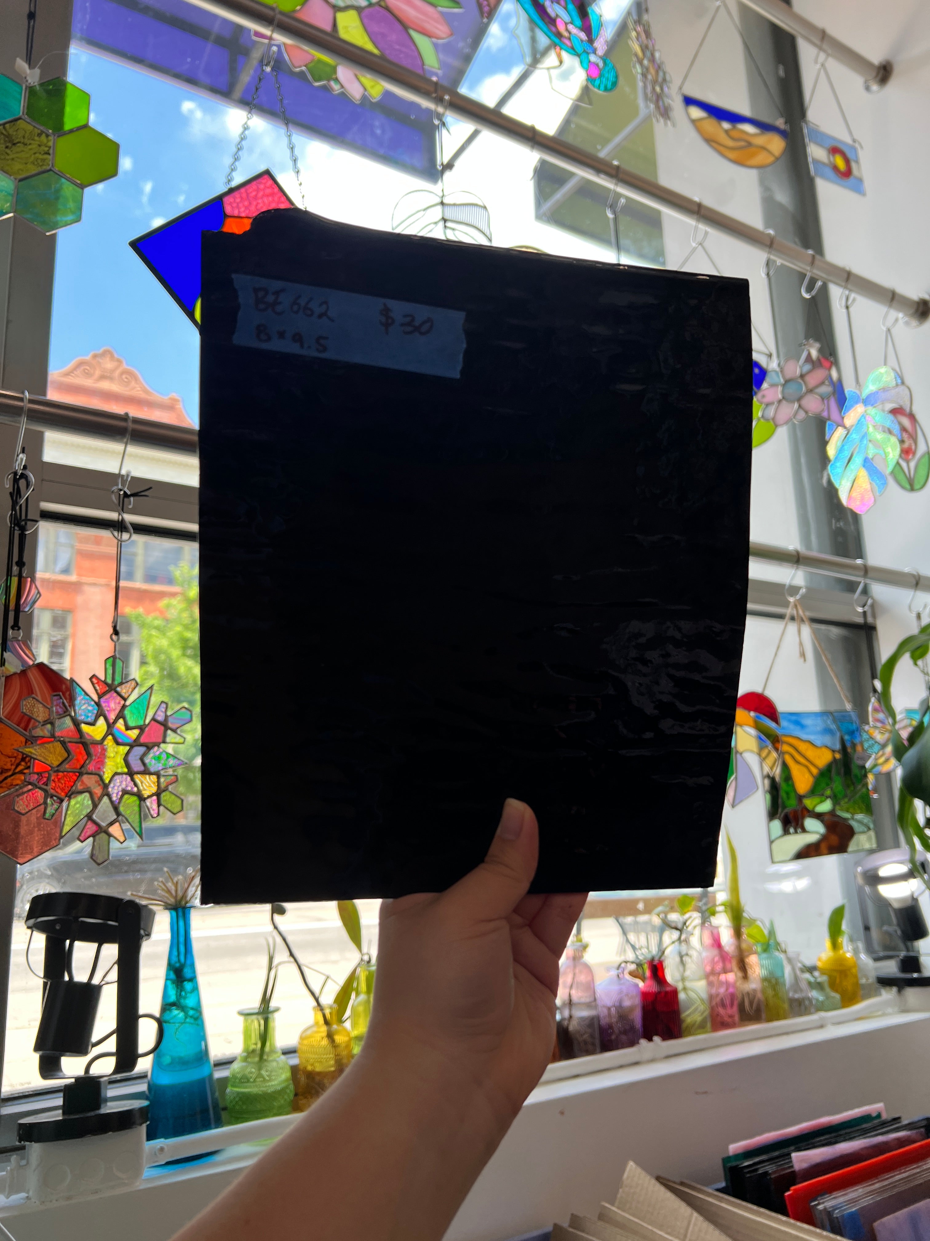 Vintage Opaque Black Bullseye Sheet Glass Colorado Glass Works