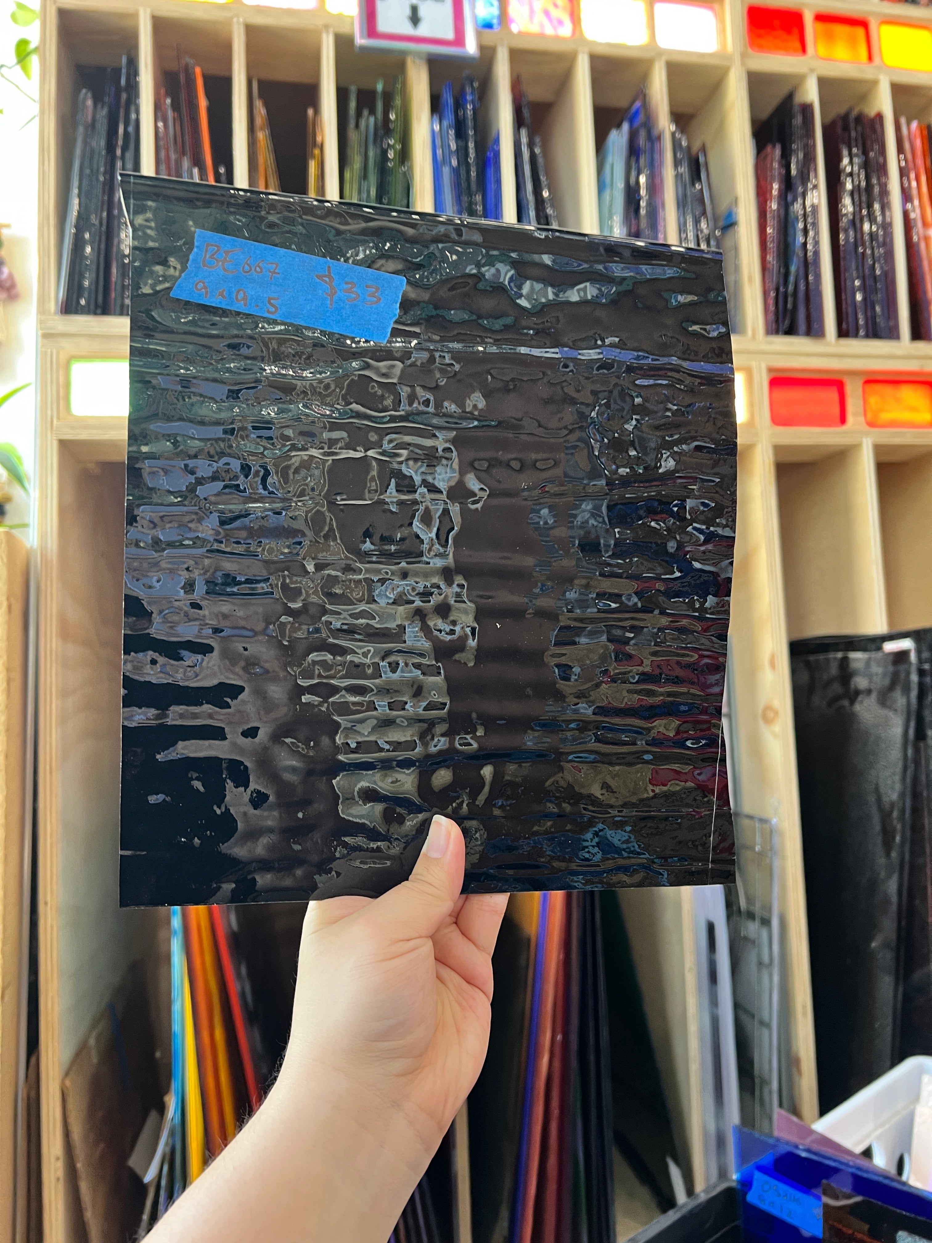 Vintage Opaque Black Bullseye Sheet Glass Colorado Glass Works BE667 (9x9.5in)