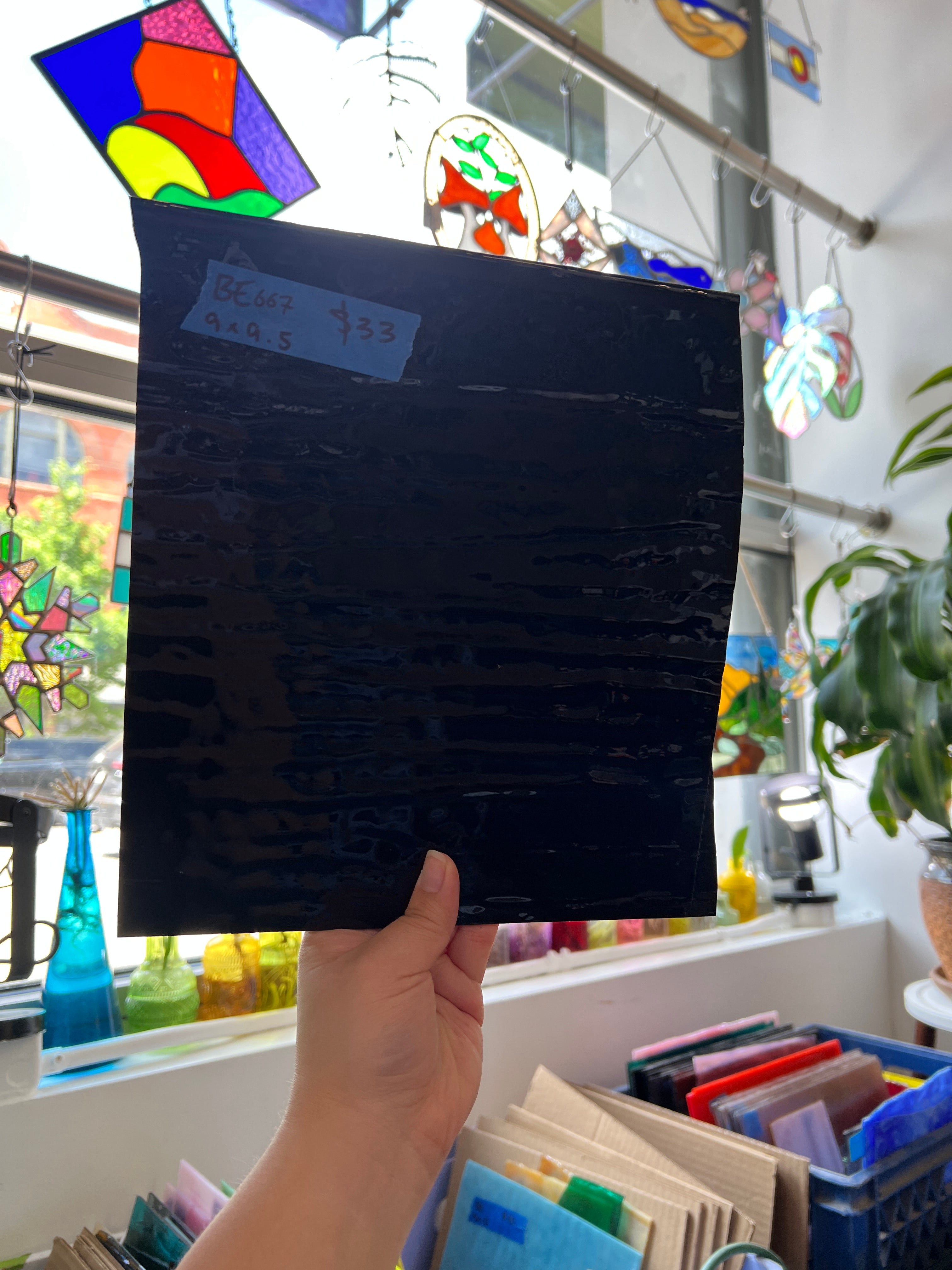 Vintage Opaque Black Bullseye Sheet Glass Colorado Glass Works