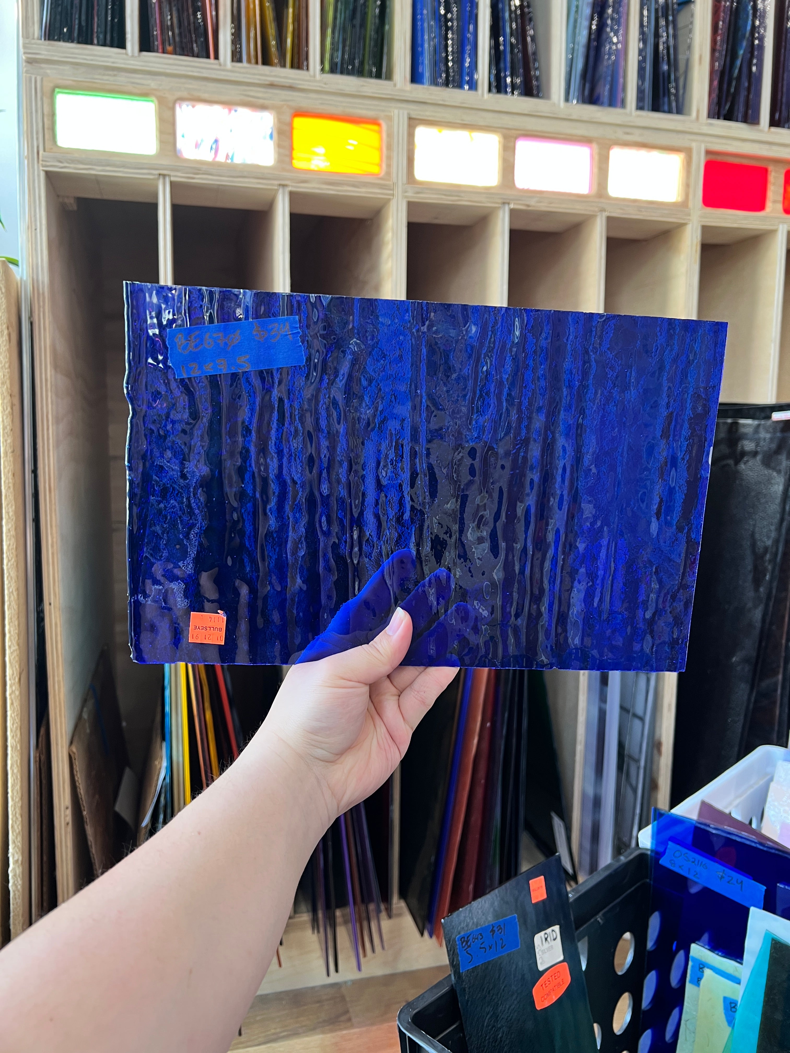 Vintage Transparent Dark Blue Bullseye Sheet Glass Colorado Glass Works