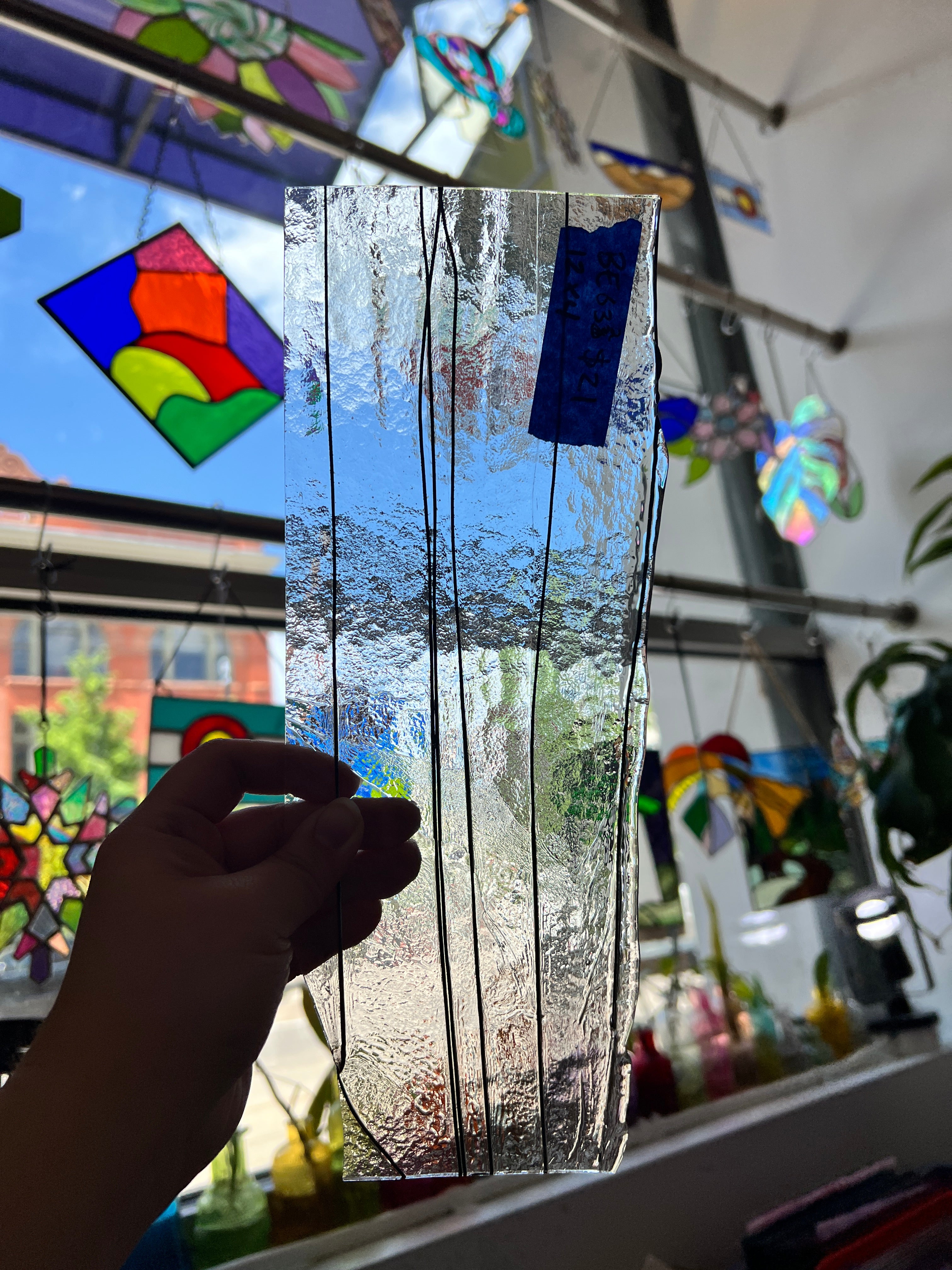 Vintage Transparent Clear Black Stringer Bullseye Sheet Glass Colorado Glassworks