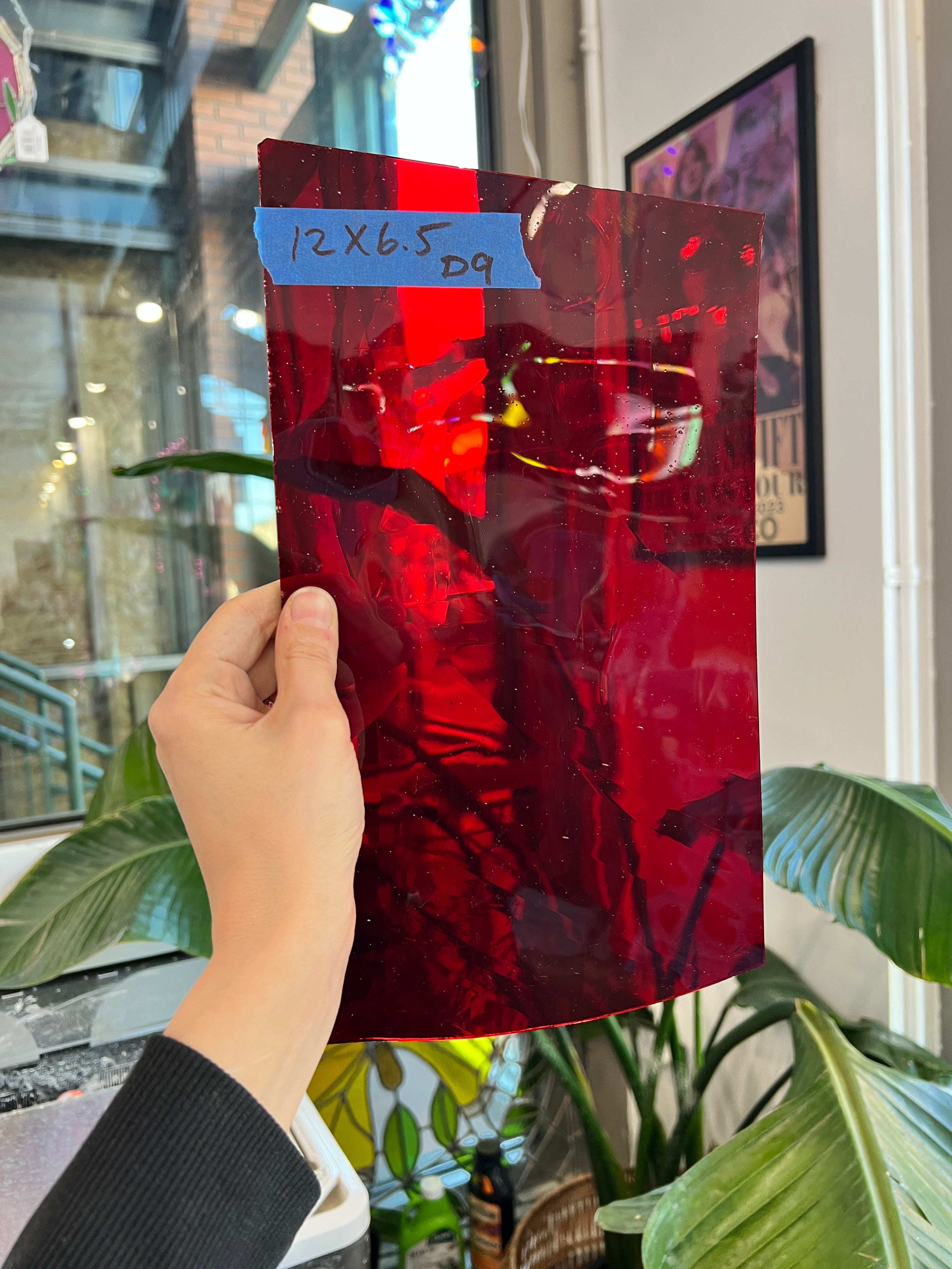 Red Mouth Blown Glass on Clear Flash Fremont Sheet Glass Colorado Glass Works 12x6.5in (FR-43434285)