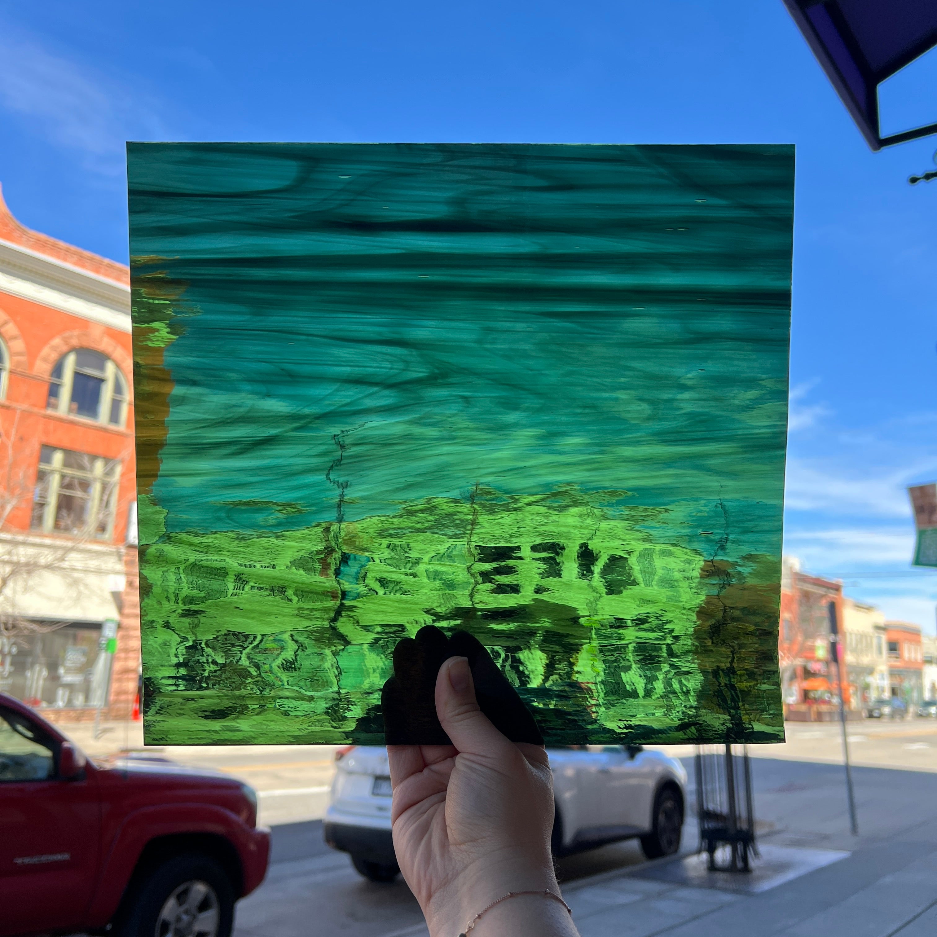 Deep Olive/Sea Green Waterglass Oceanside Fusible 96 COE (422.1WF) Sheet Glass Colorado Glassworks