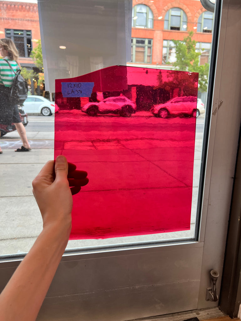 Lamberts Mouth Blown Hot Pink(Gold/Goldpink) on Clear Flash Glass 1042 Sheet Glass Colorado Glass Works LA331 (12x10in)  