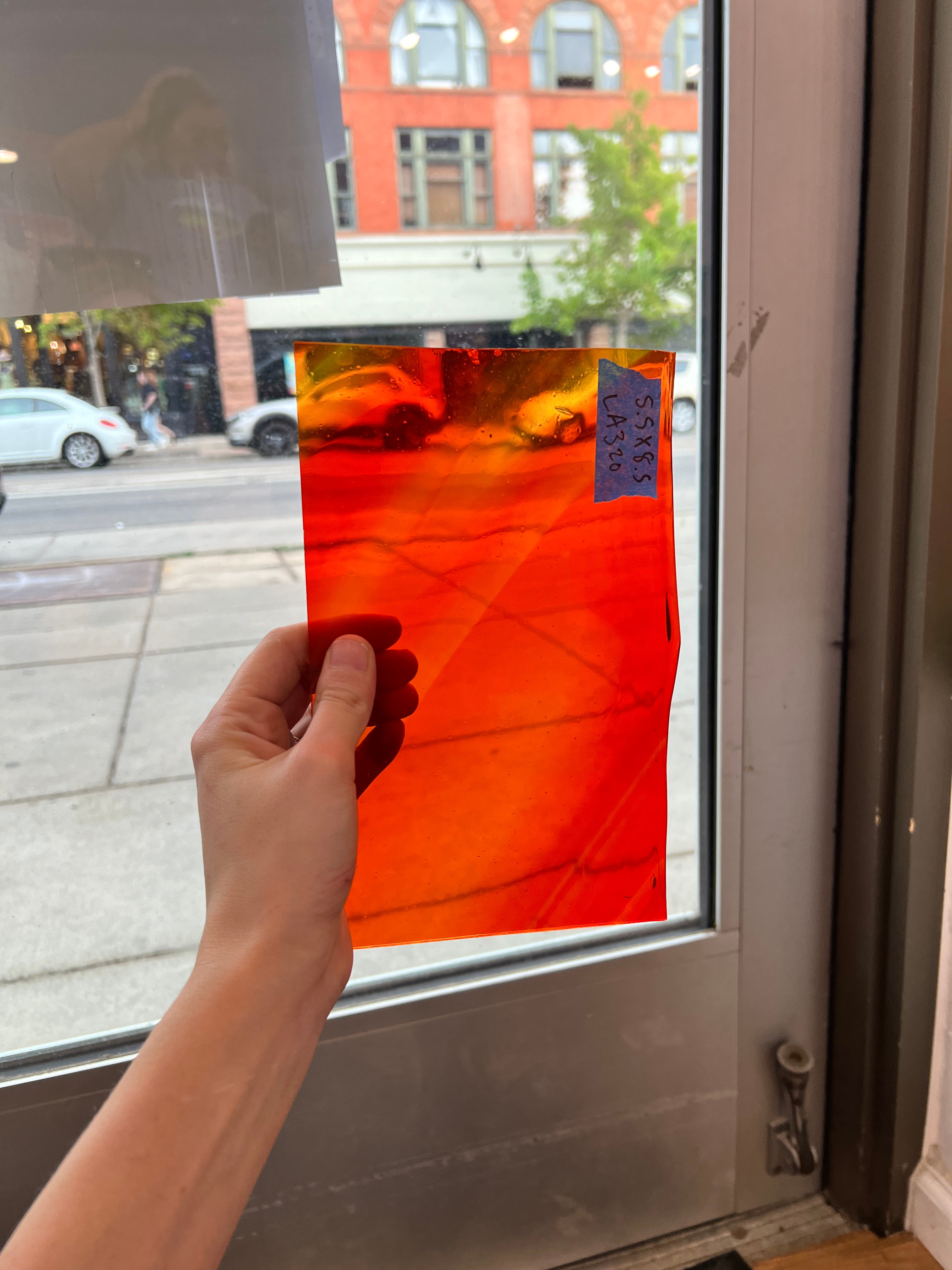 Lamberts Mouthblown Orange Yellow Wispy Mix Sheet Glass Colorado Glassworks   