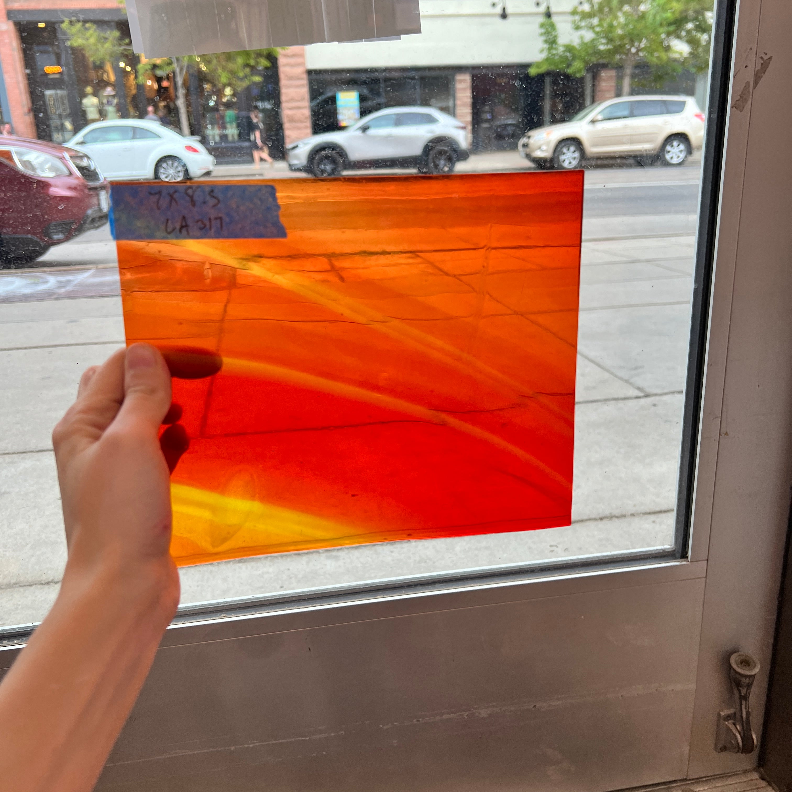 Lamberts Mouthblown Orange Yellow Wispy Mix Sheet Glass Colorado Glassworks   