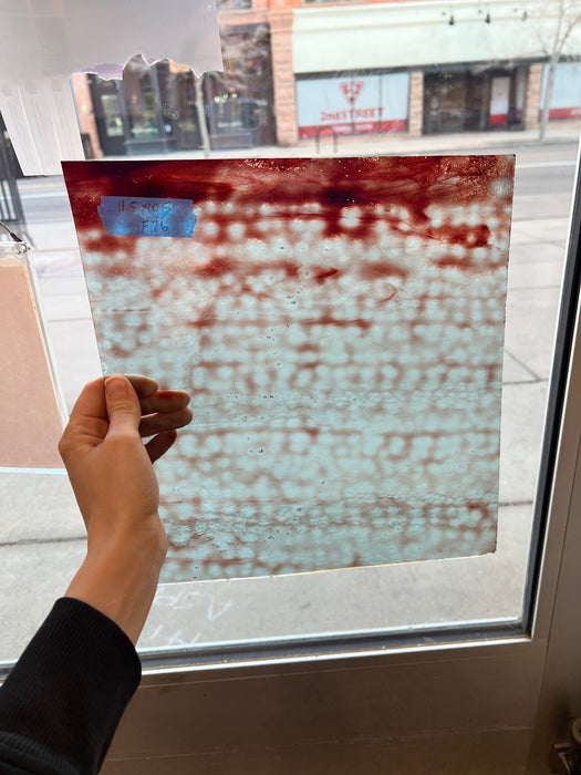 Red Clear Mottled Vintage Bullseye Sheet Glass Colorado Glassworks F76 (11.5x10.5in)