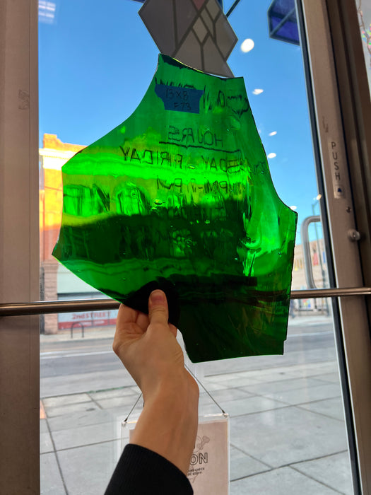 Mouth-blown Dark Green Vintage Hartley Wood Sheet Glass Colorado Glassworks