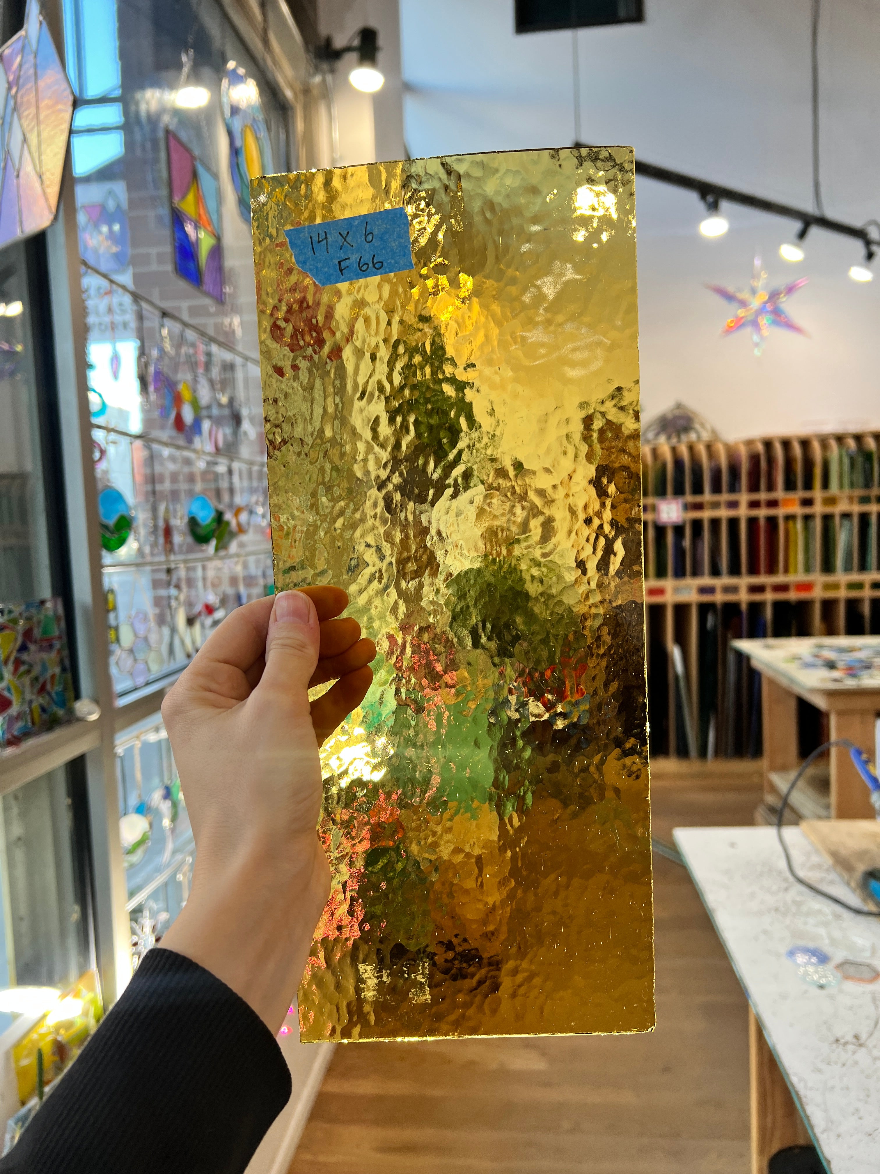 Honey Amber Yellow Transparent Hammered Glass Sheet Glass Colorado Glass Works F66 (12x6in)