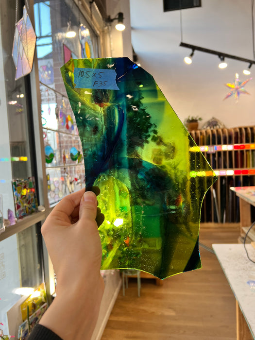 Yellow Green Blue Mixed Mouth Blown Lamberts Sheet Glass Colorado Glassworks