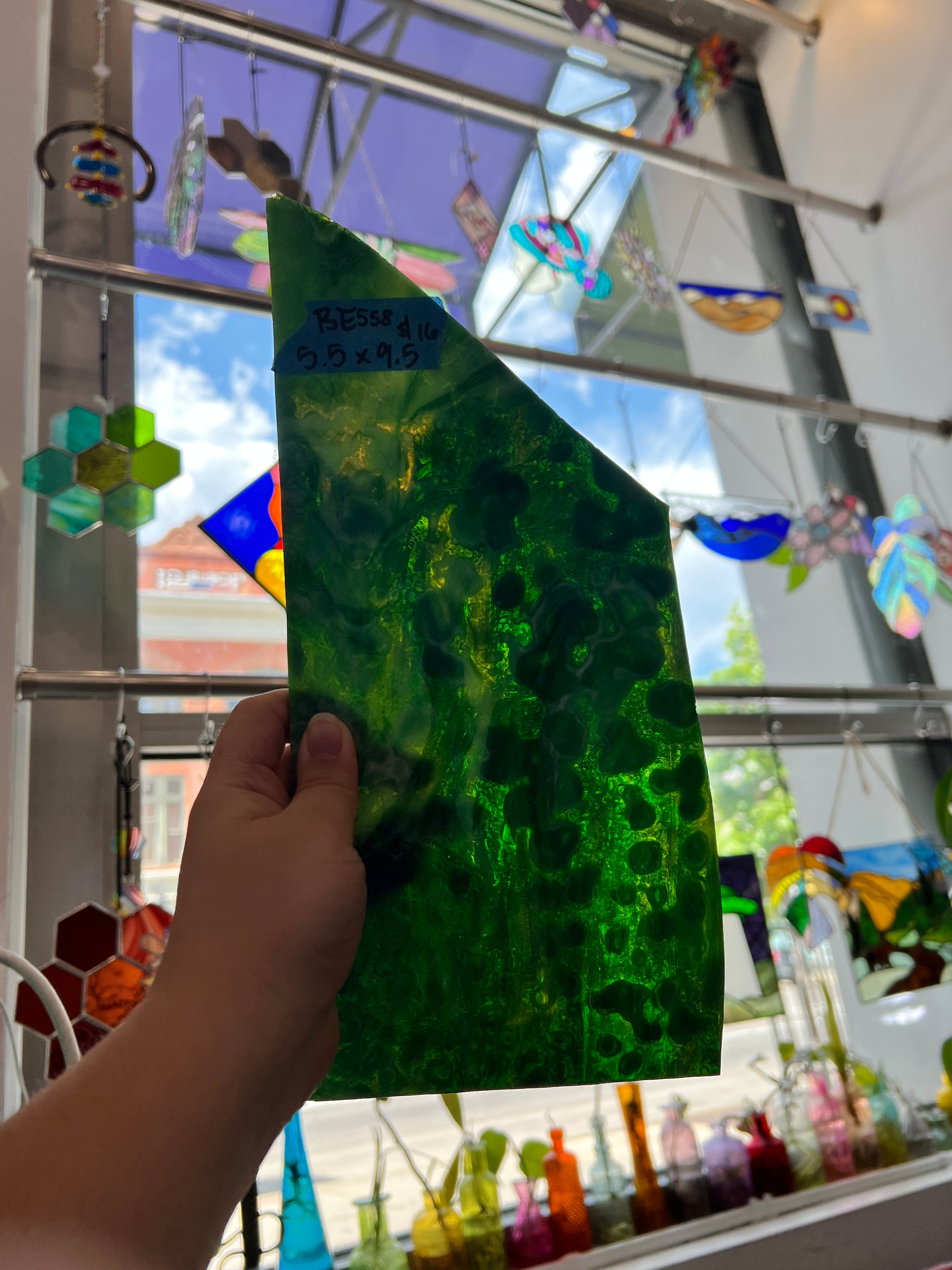 Green Mottled Bullseye Sheet Glass Colorado Glassworks