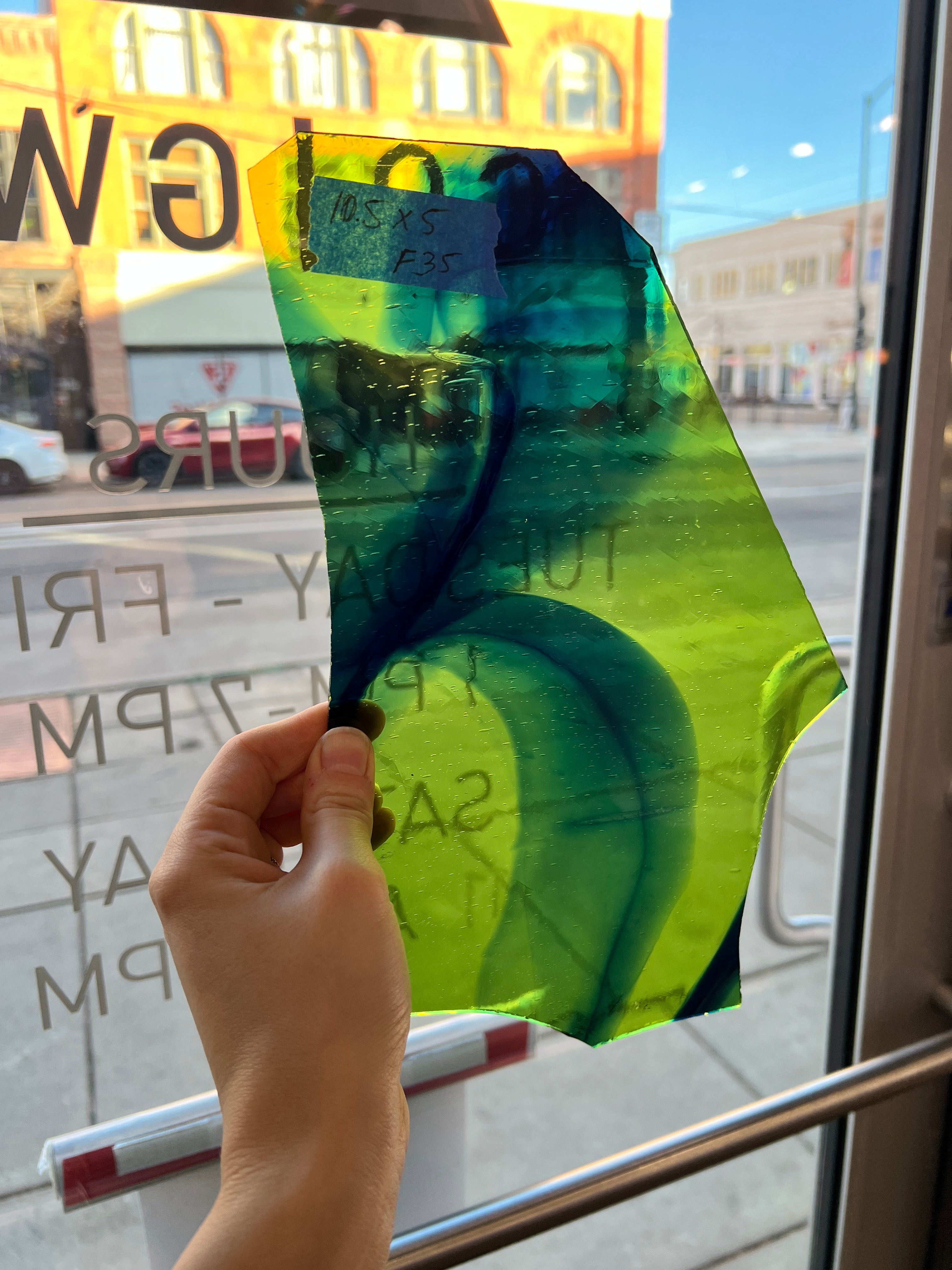 Yellow Green Blue Mixed Mouth Blown Lamberts Sheet Glass Colorado Glassworks