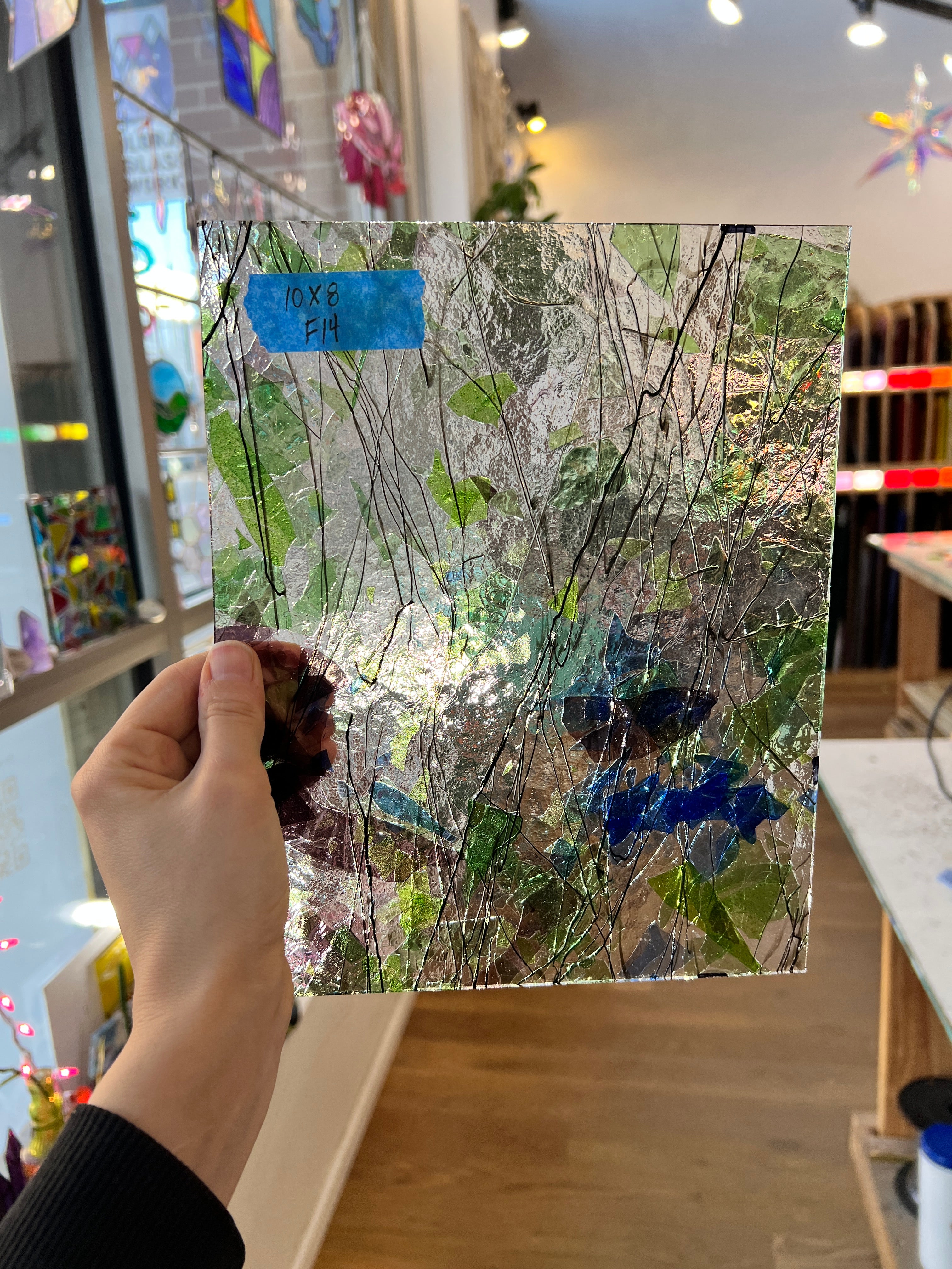 Vintage 1980s Purple Blue Green Confetti Black Stringers Clear Uroborus Sheet Glass Colorado Glassworks F14 (10x8in)