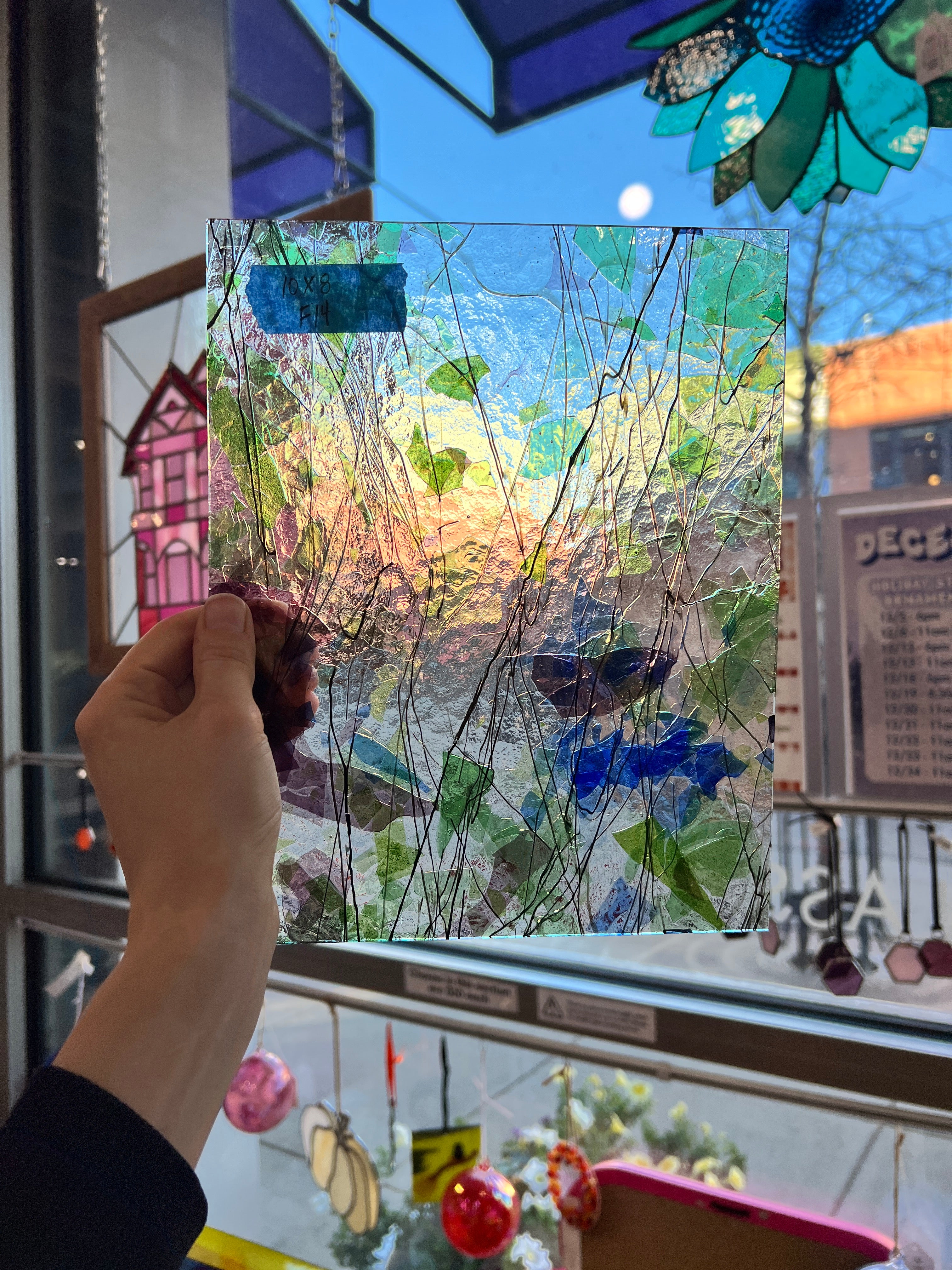 Vintage 1980s Purple Blue Green Confetti Black Stringers Clear Uroborus Sheet Glass Colorado Glassworks