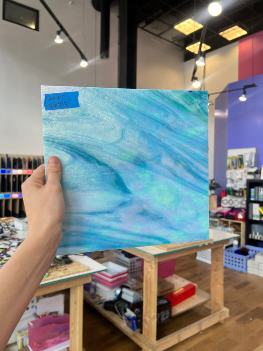 Blue White Iridescent Wissmach Fusible 96 COE Sheet Glass Colorado Glassworks WM713 (10x10.5in)  