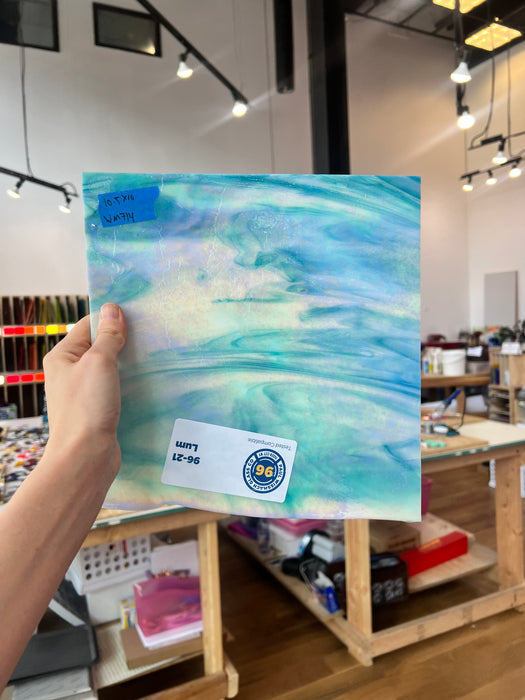 Blue White Iridescent Wissmach Fusible 96 COE Sheet Glass Colorado Glassworks   