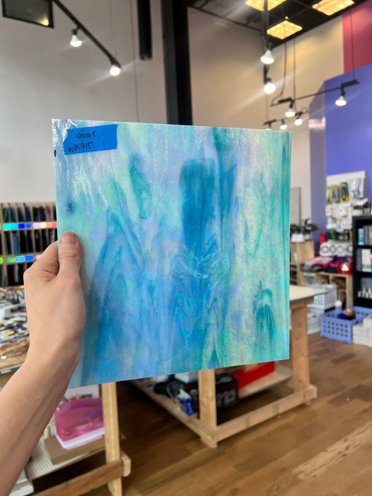 Blue White Iridescent Wissmach Fusible 96 COE Sheet Glass Colorado Glassworks WM715 (10x10.5in)  