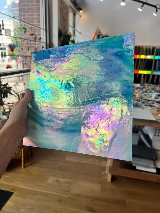 Blue White Iridescent Wissmach Fusible 96 COE Sheet Glass Colorado Glassworks   