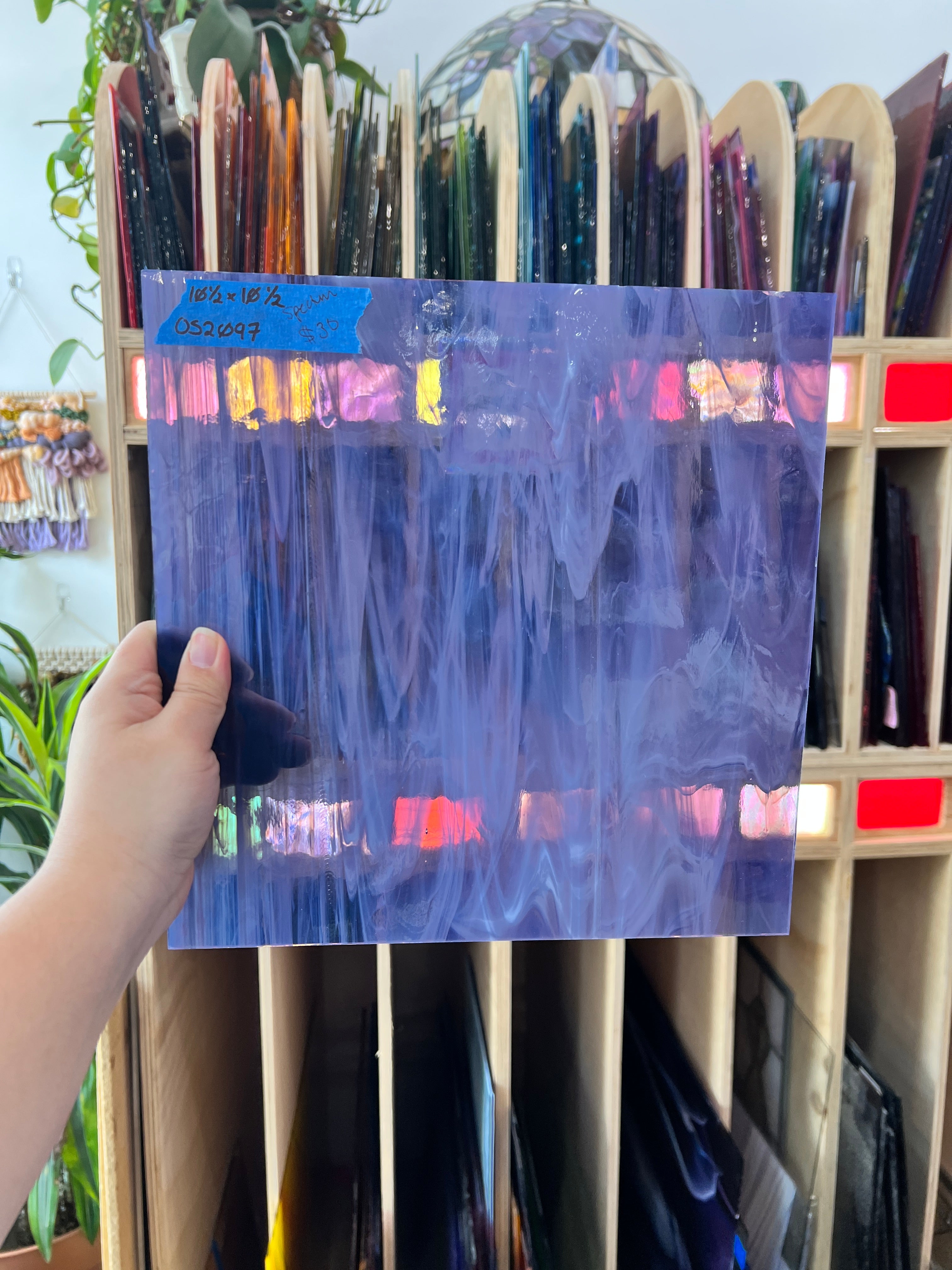 Transparent Purple White Wispy Spectrum Sheet Glass Colorado Glass Works OS2097 (10.5x10.5in)