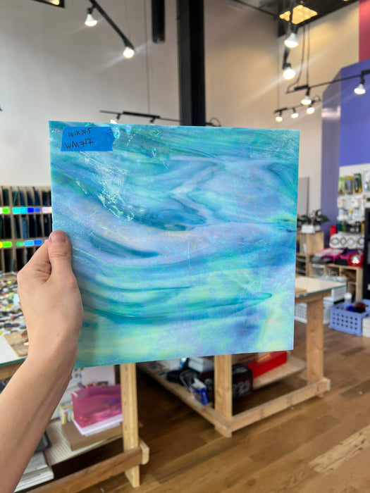 Blue White Iridescent Wissmach Fusible 96 COE Sheet Glass Colorado Glassworks WM717 (10x10.5in)  