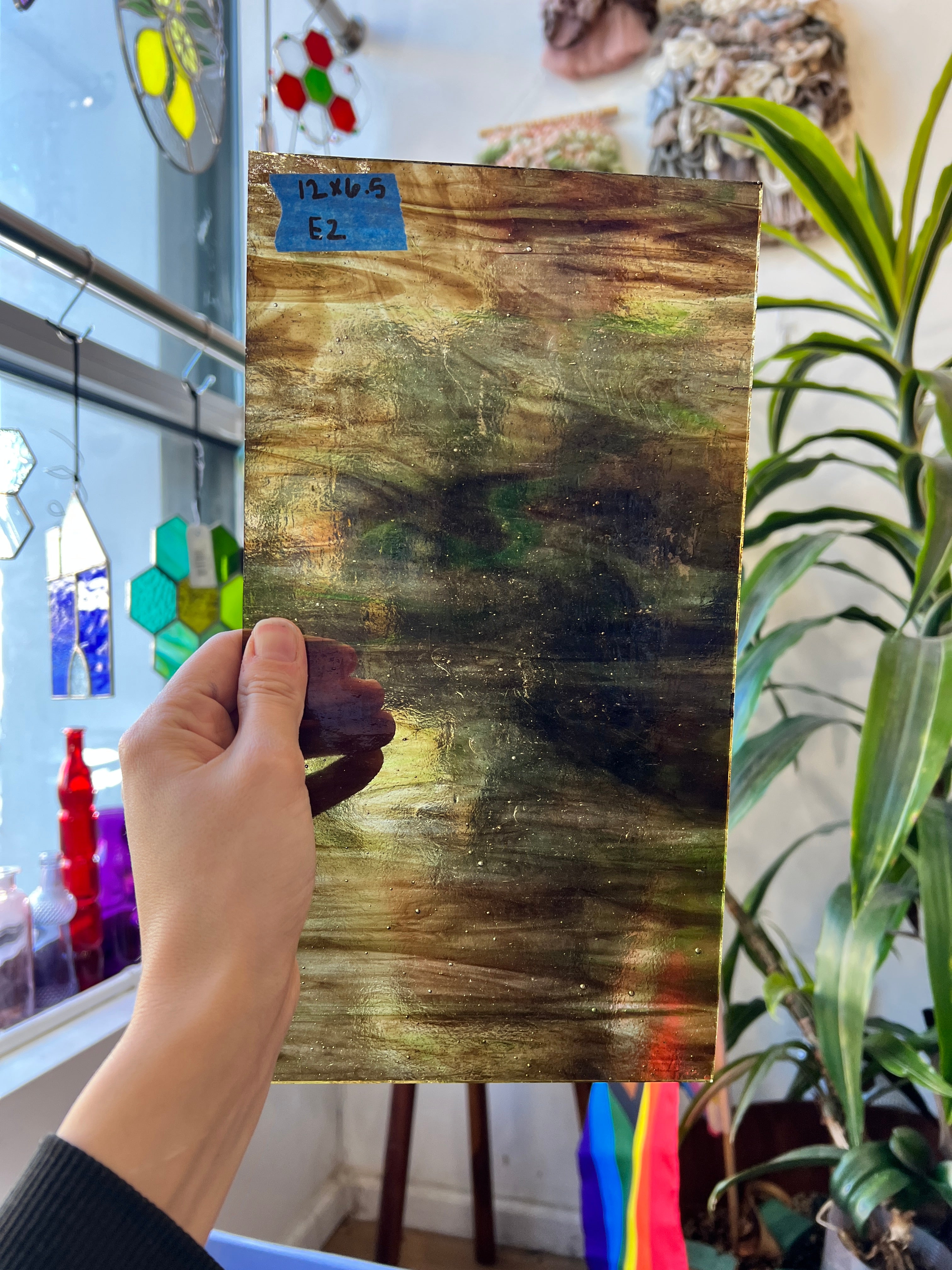 Vintage English Brown Green Wispy Glass Sheet Glass Colorado Glassworks