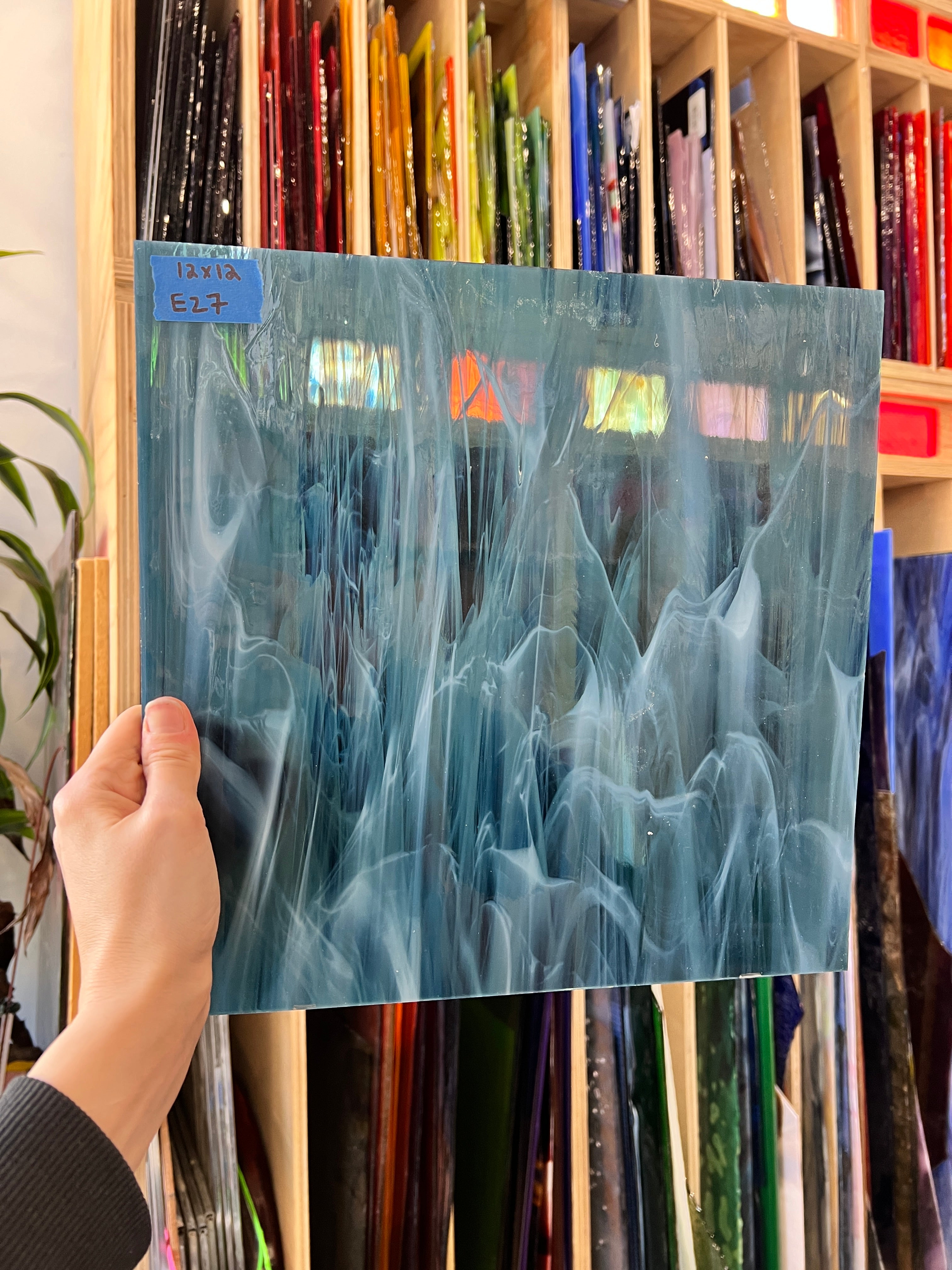 Steel Blue White Wispy Transparent Spectrum Sheet Glass Colorado Glassworks