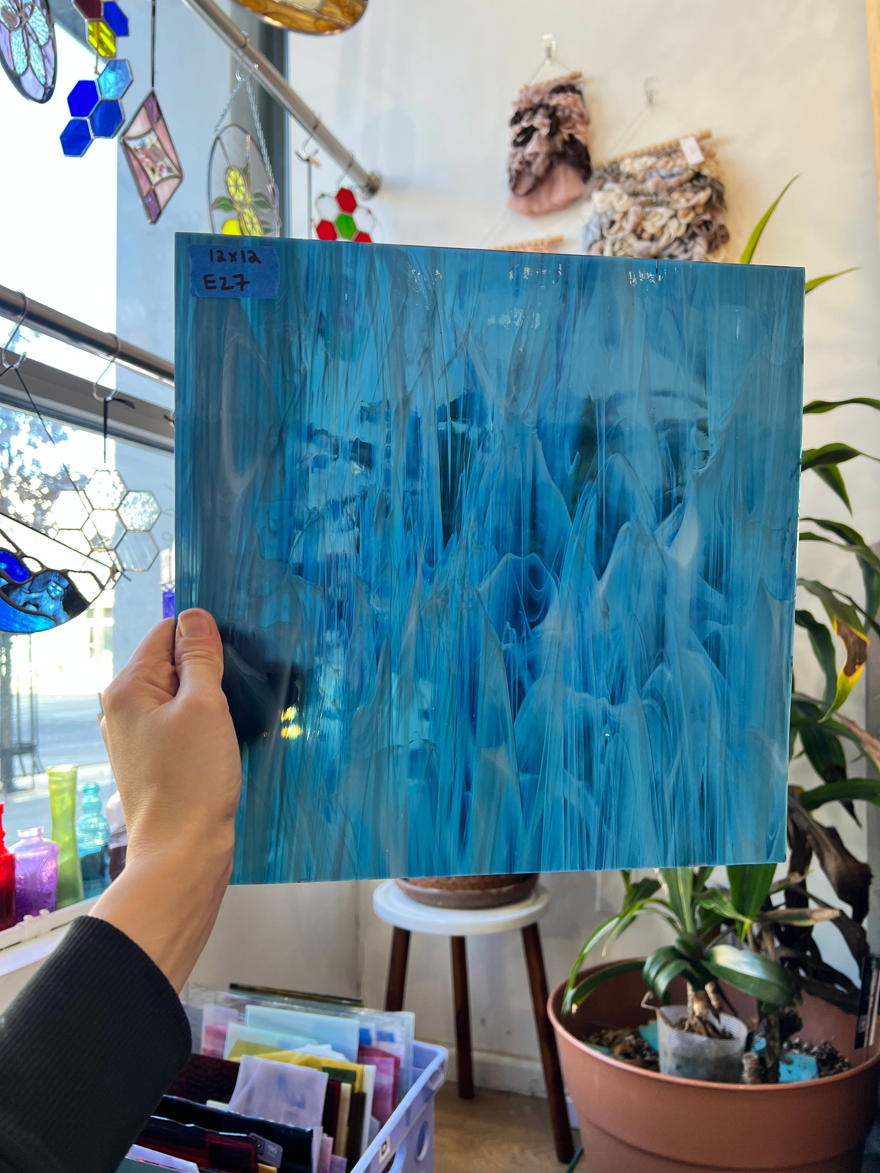 Steel Blue White Wispy Transparent Spectrum Sheet Glass Colorado Glassworks