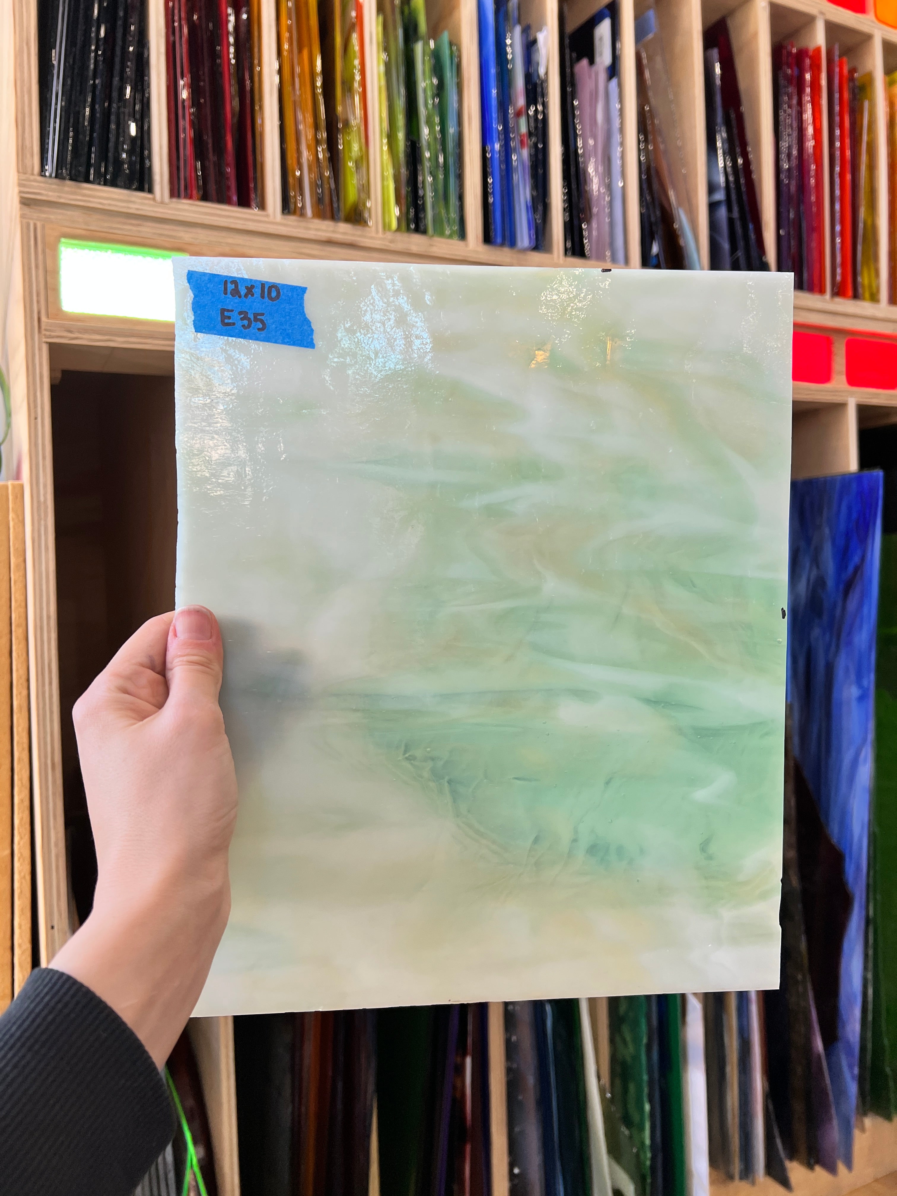 Wispy Tan Light Green Kokomo Sheet Glass Armstrong E35 (12x10in)