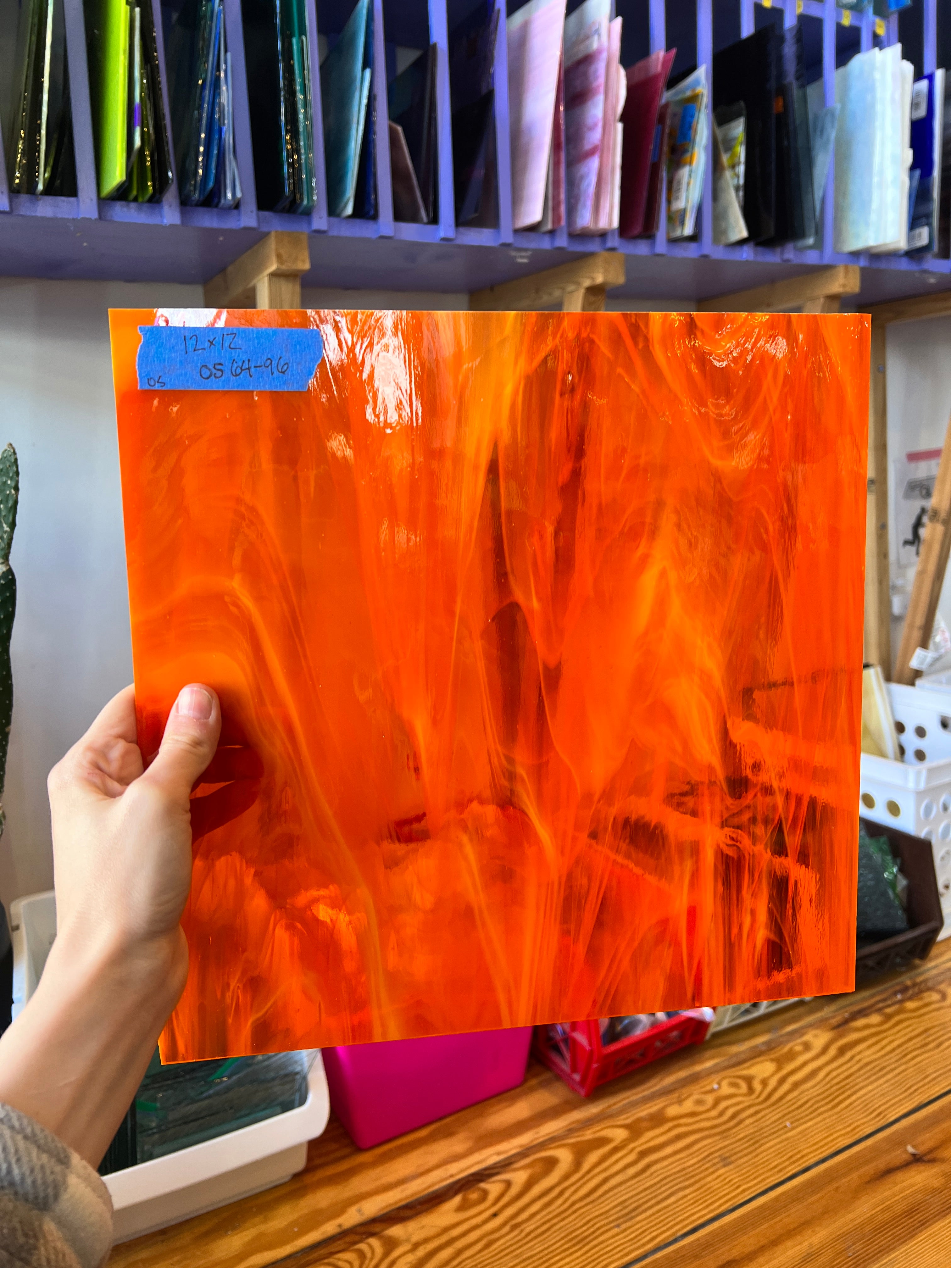 Orange White Wispy Oceanside Fusible 96 COE Sheet Glass Colorado Glassworks 12x12in  