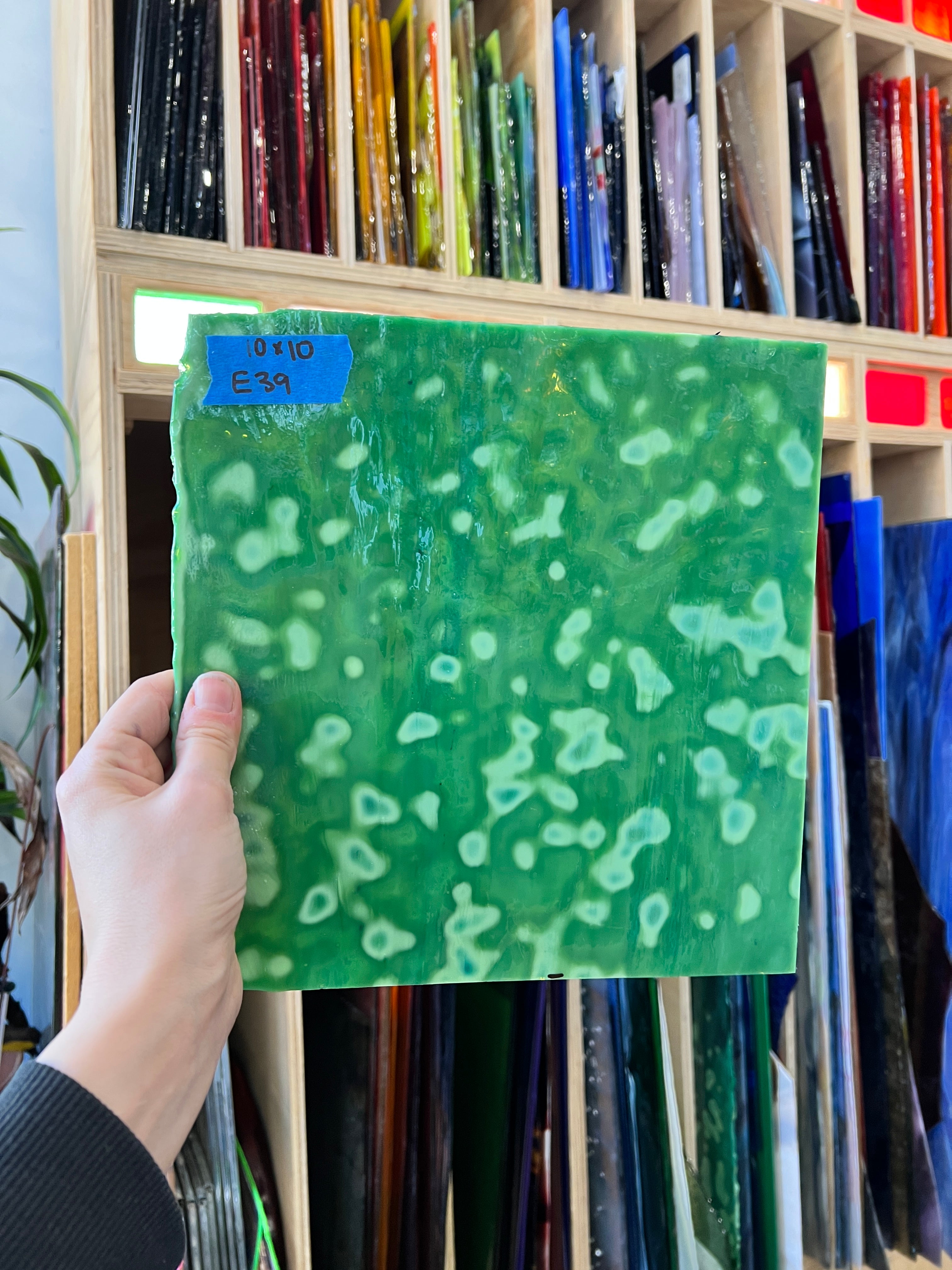 Dark Green Mottled Oceana Sheet Glass Colorado Glassworks E39 (10x10in)