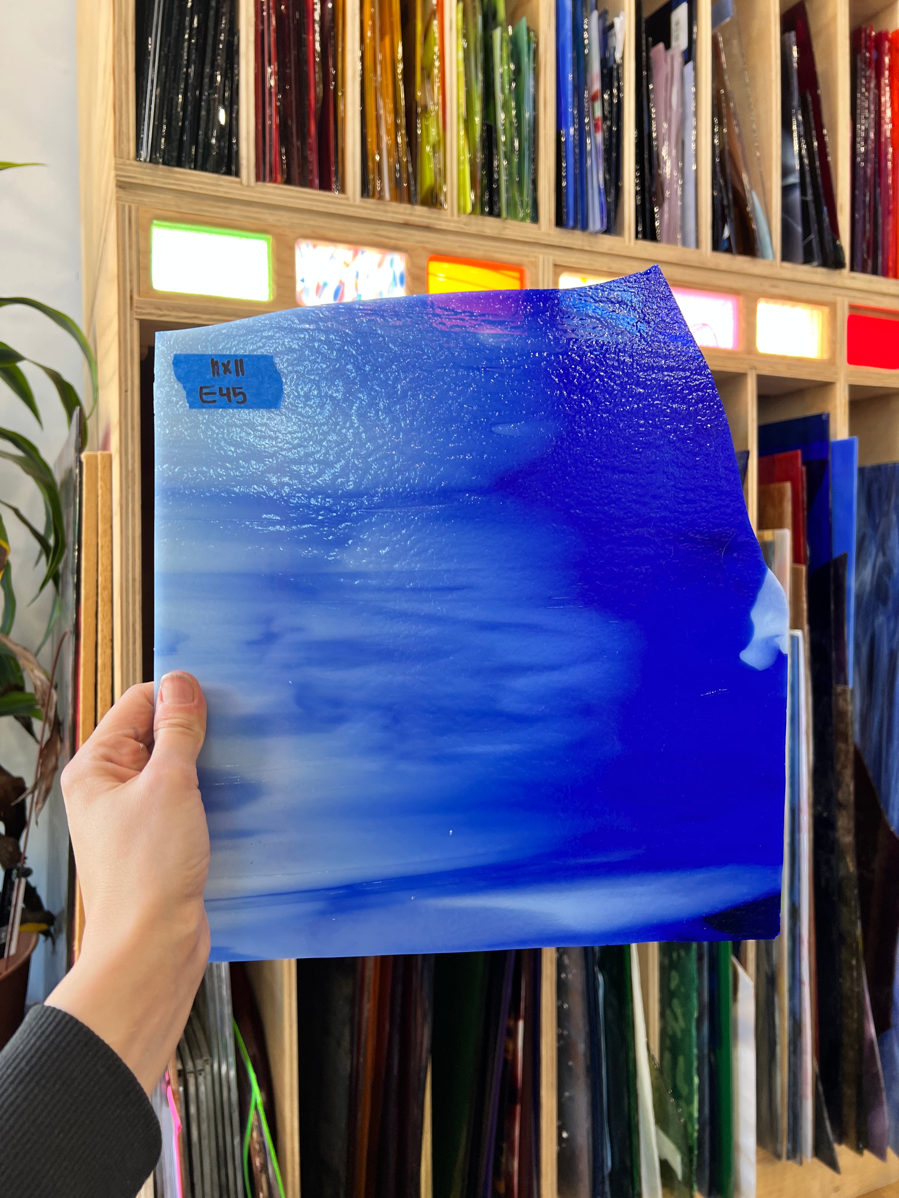 Blue White Wispy Youghiogheny Sheet Glass Colorado Glass Works E45 (11x11in)