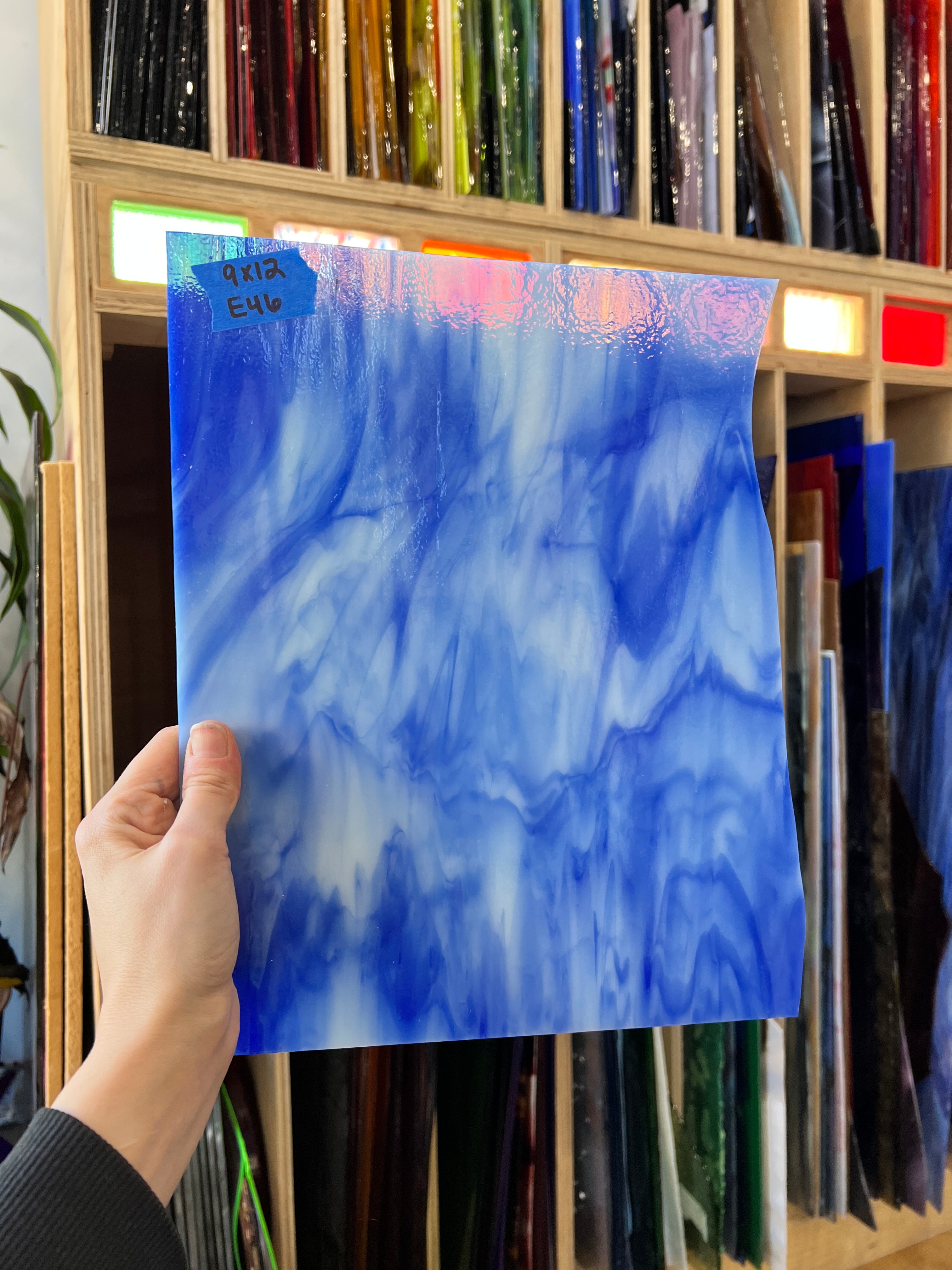 Blue White Wispy Youghiogheny Sheet Glass Colorado Glass Works E46 (9x12in)