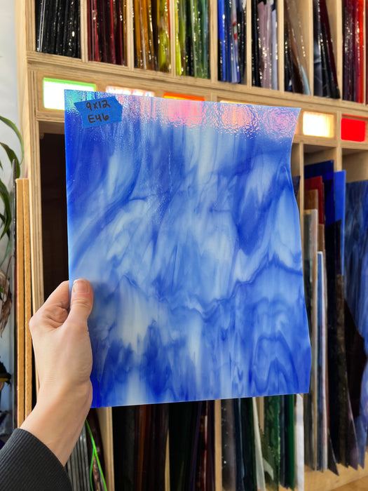 Blue White Wispy Youghiogheny Sheet Glass Colorado Glass Works E46 (9x12in)